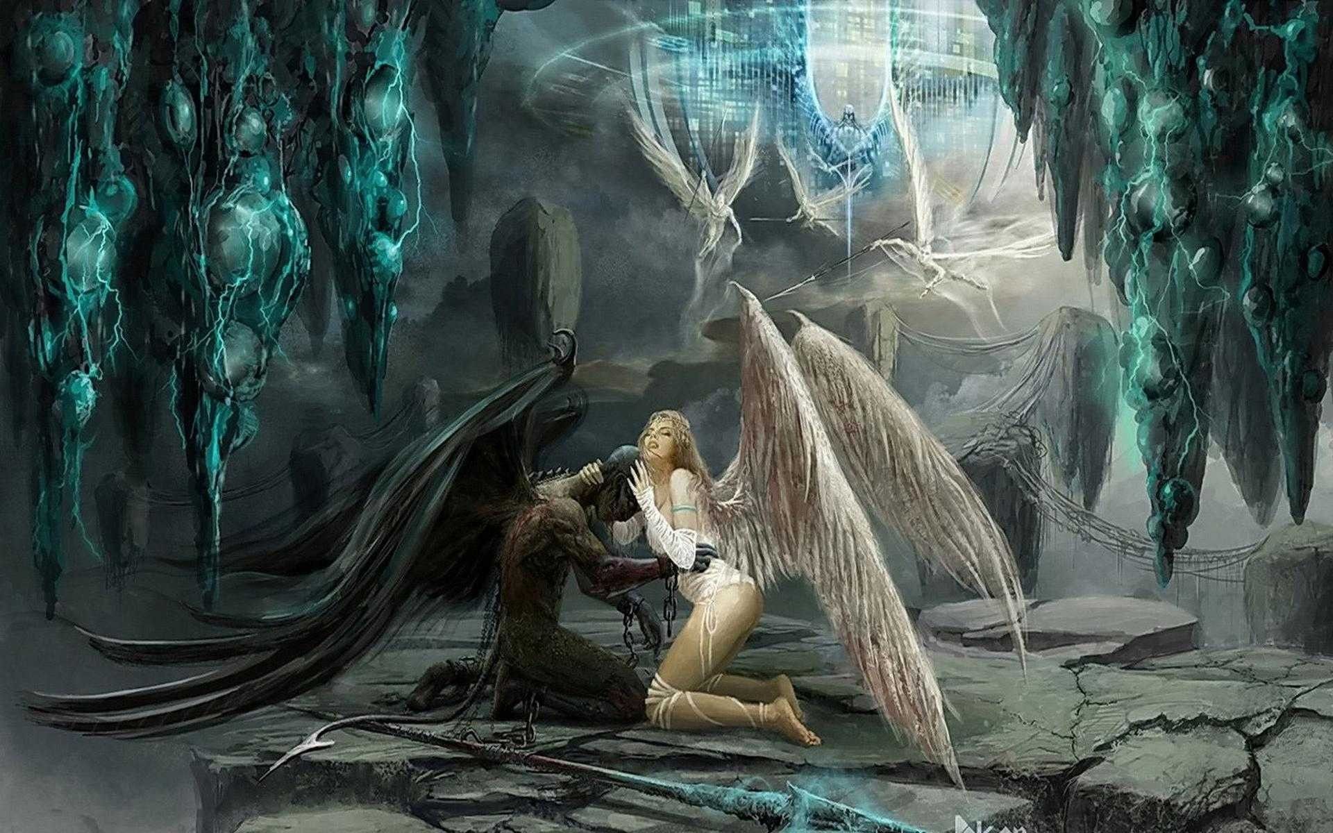 Angelo caduto ali nere foresta, 1280x720 HD, Desktop