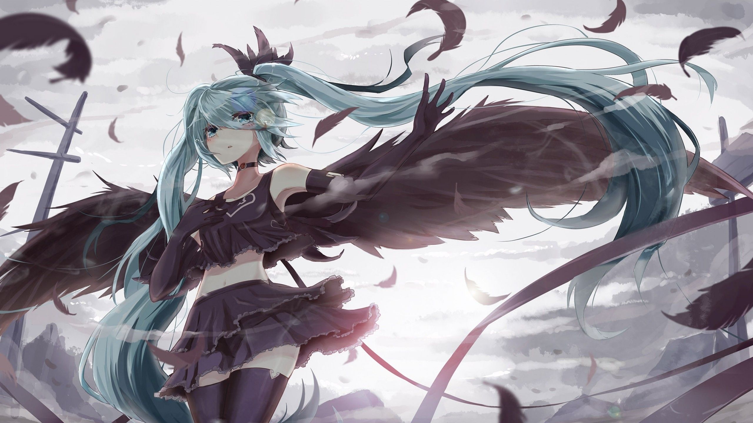Hatsune Miku ali nere piume, cantante virtuale, 2560x1440 2K QHD, PC