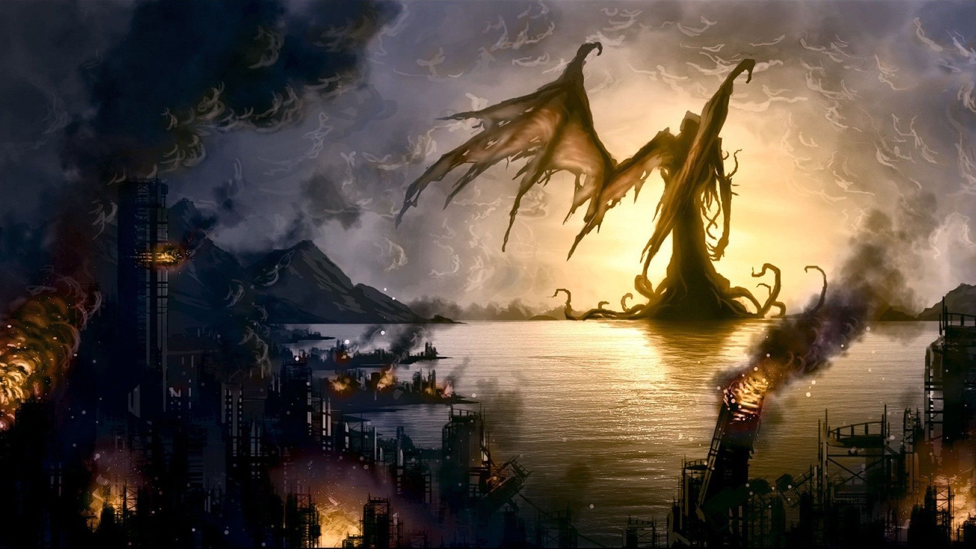 Creatura alata demoniaca su citta in fiamme, 1920x1080 1080p, Desktop