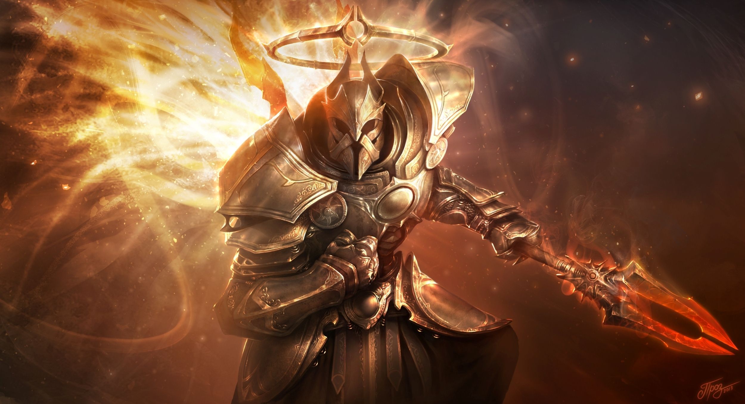 Cavaliere angelo armatura fiamme, 2500x1355 2K, Desktop