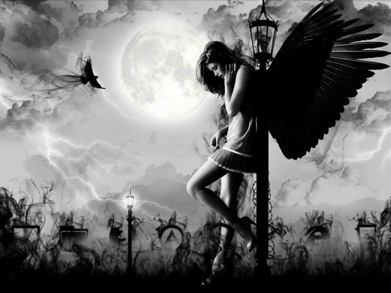 Angelo caduto ali nere luna, 1280x960 720p, PC