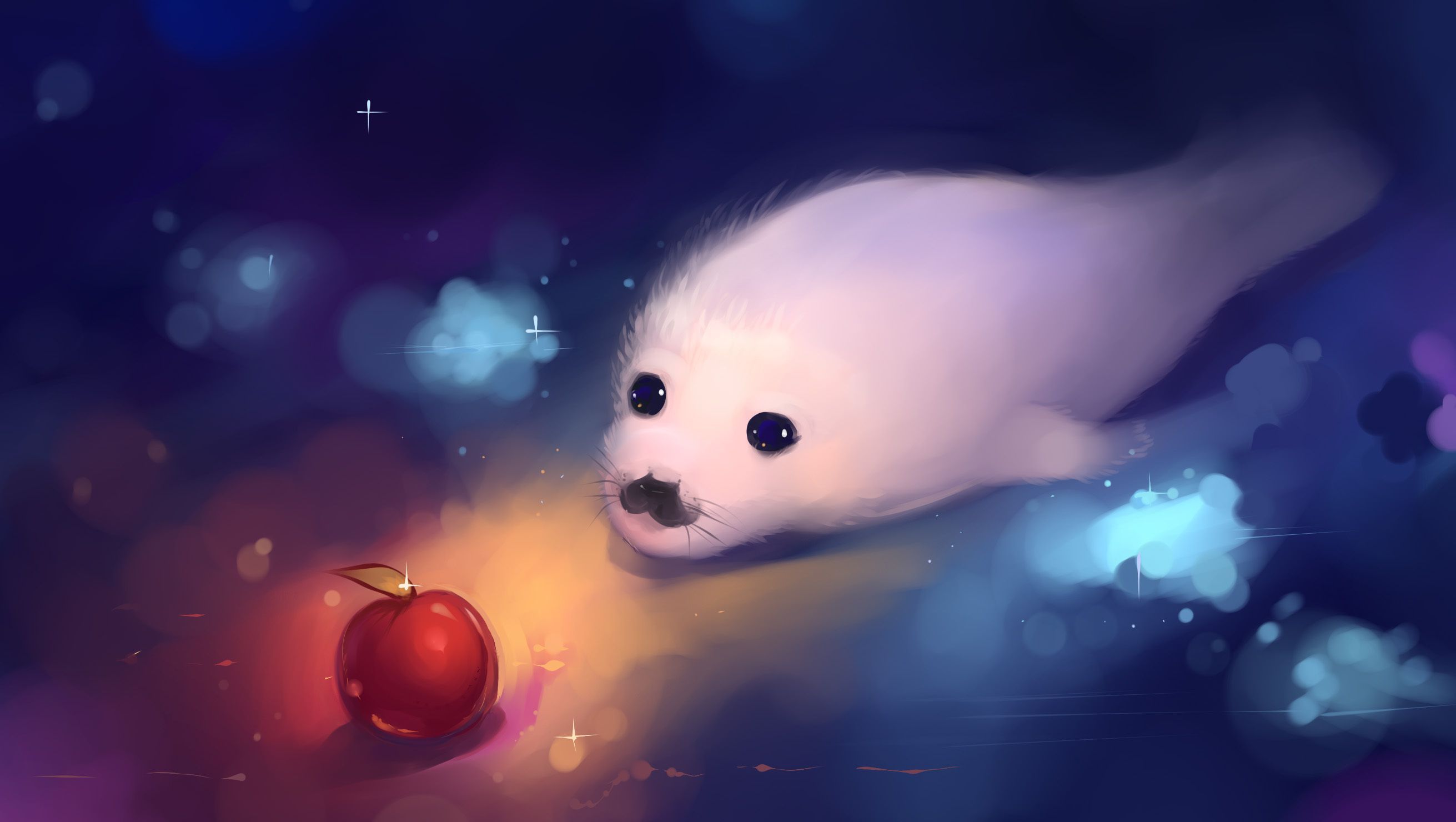 Foca bianca cucciolo con mela, 2622x1480 2K QHD, Monitor Gaming