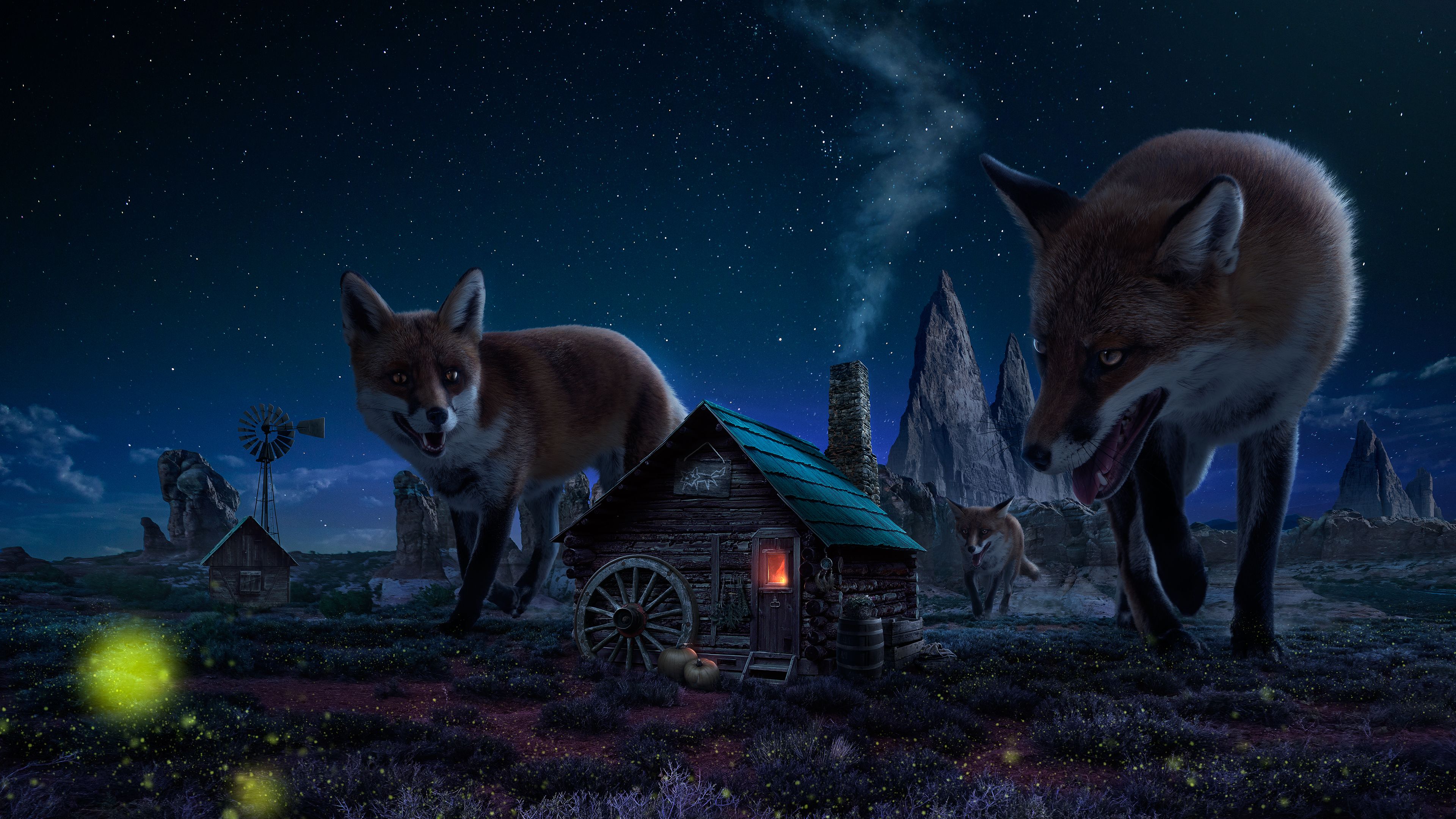 Volpi giganti villaggio notturno, 3840x2160 4K Ultra HD, Monitor 4K