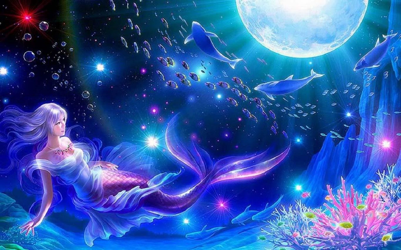 Sirena luna delfini oceano, sfondi Animati, 1366x853 720p, Laptop