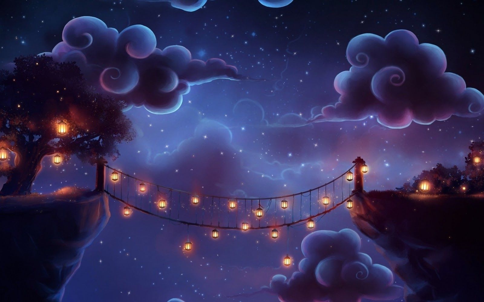 Ponte notturno con lanterne fantasy, sfondi Animati, 1600x1000 HD, Desktop