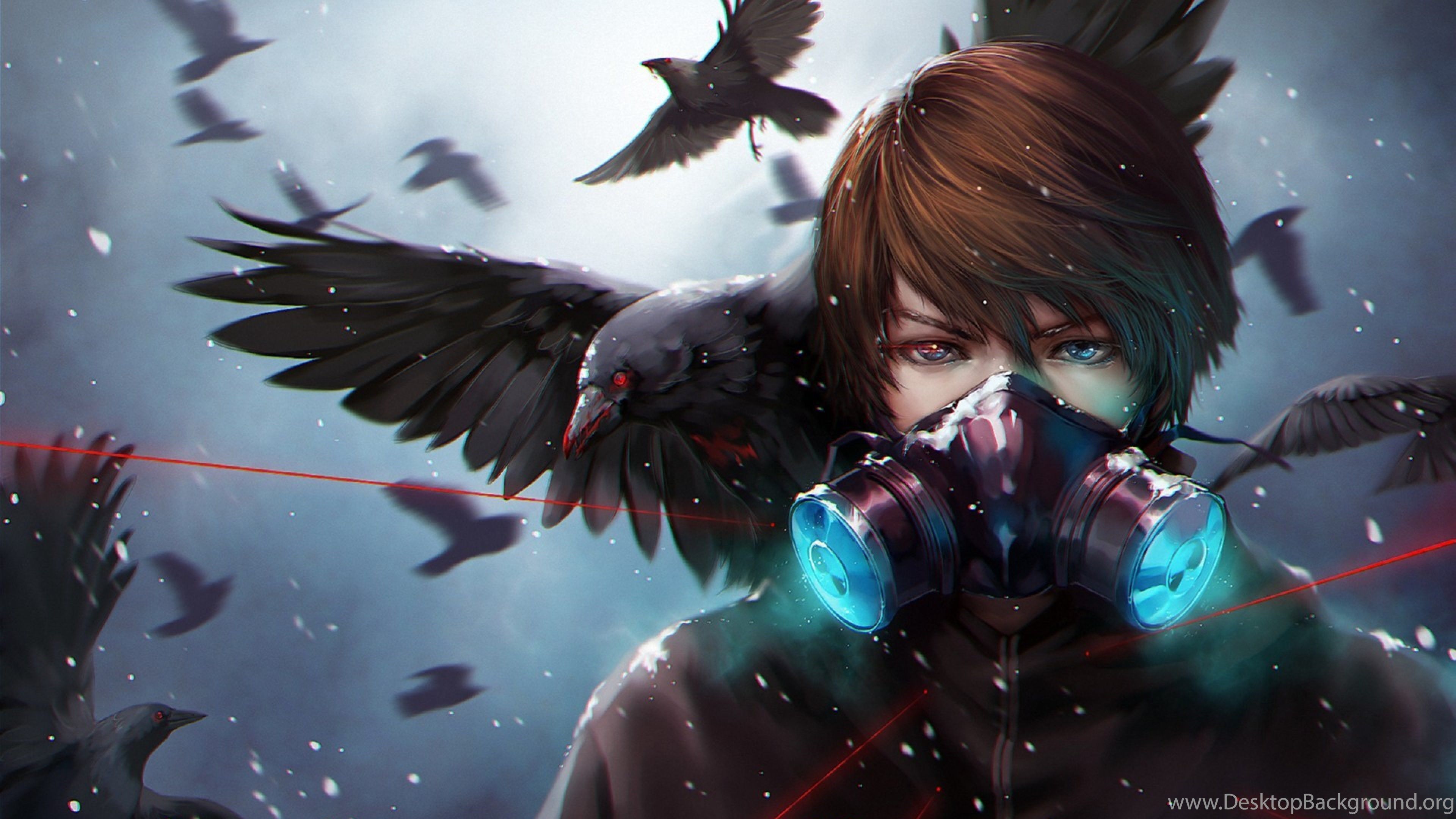 Ragazzo anime con maschera a gas e corvi, 3840x2160 4K, Desktop 4K