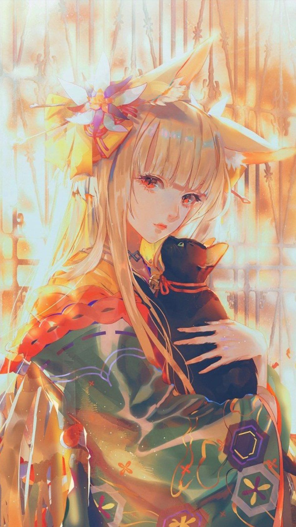 Ragazza anime con gatto nero, 950x1689 Full HD Verticale, Smartphone