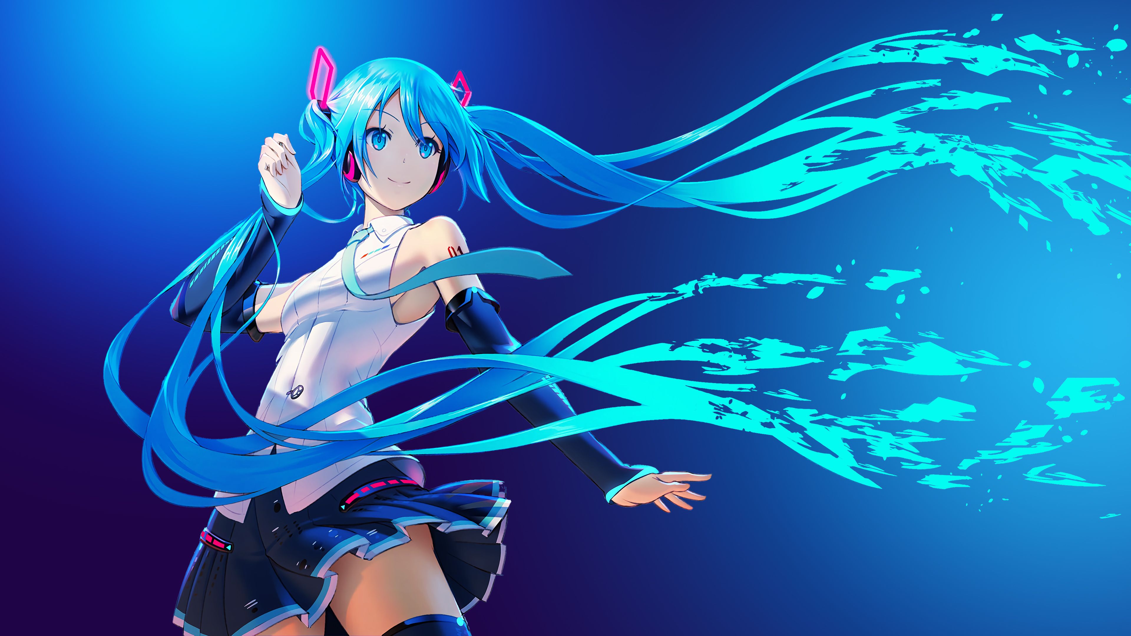 Hatsune Miku capelli blu fluenti, Vocaloid, 3840x2160 4K, Desktop 4K