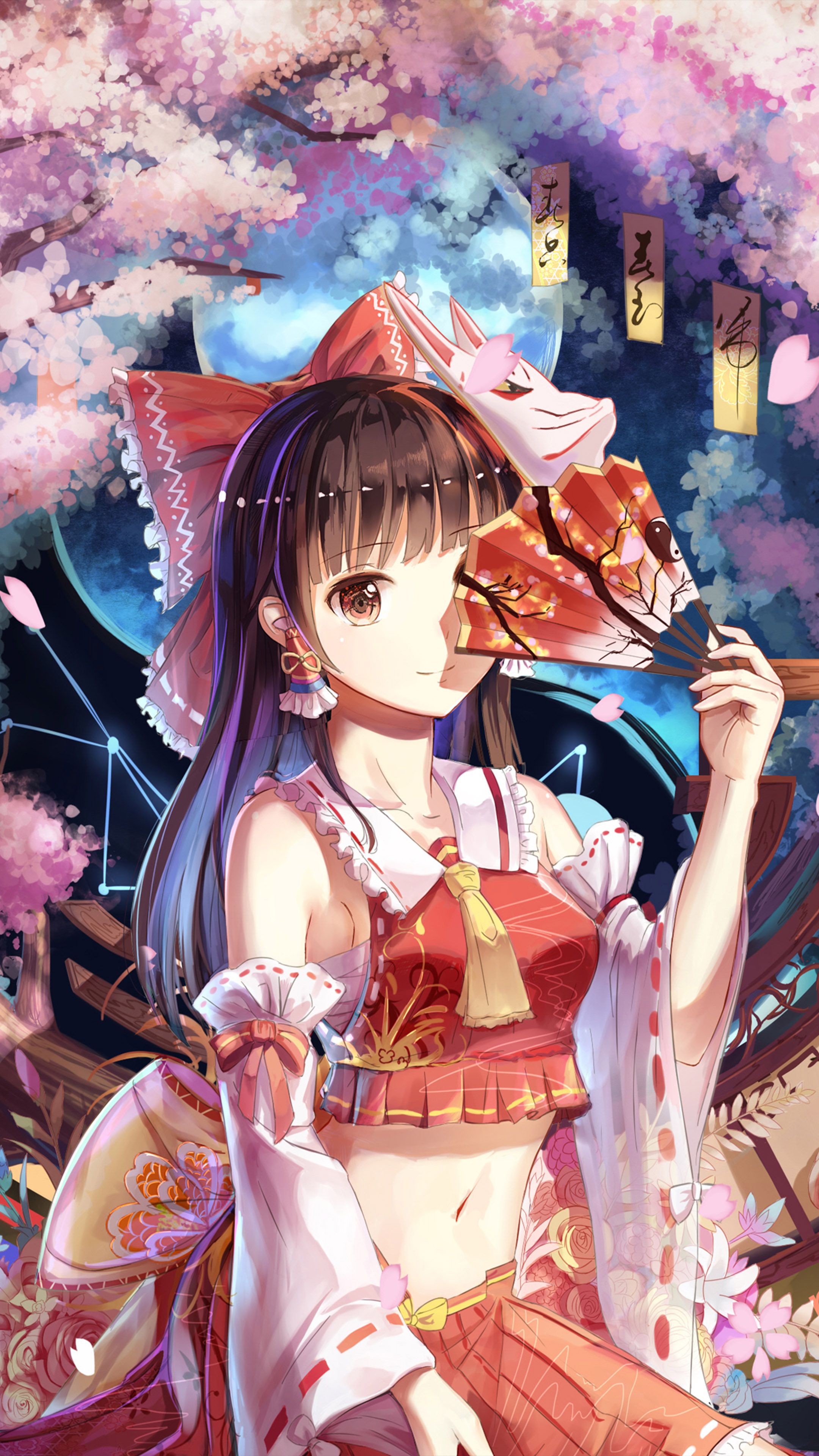 Reimu Hakurei con ventaglio, 2160x3840 Full HD Verticale, Smartphone