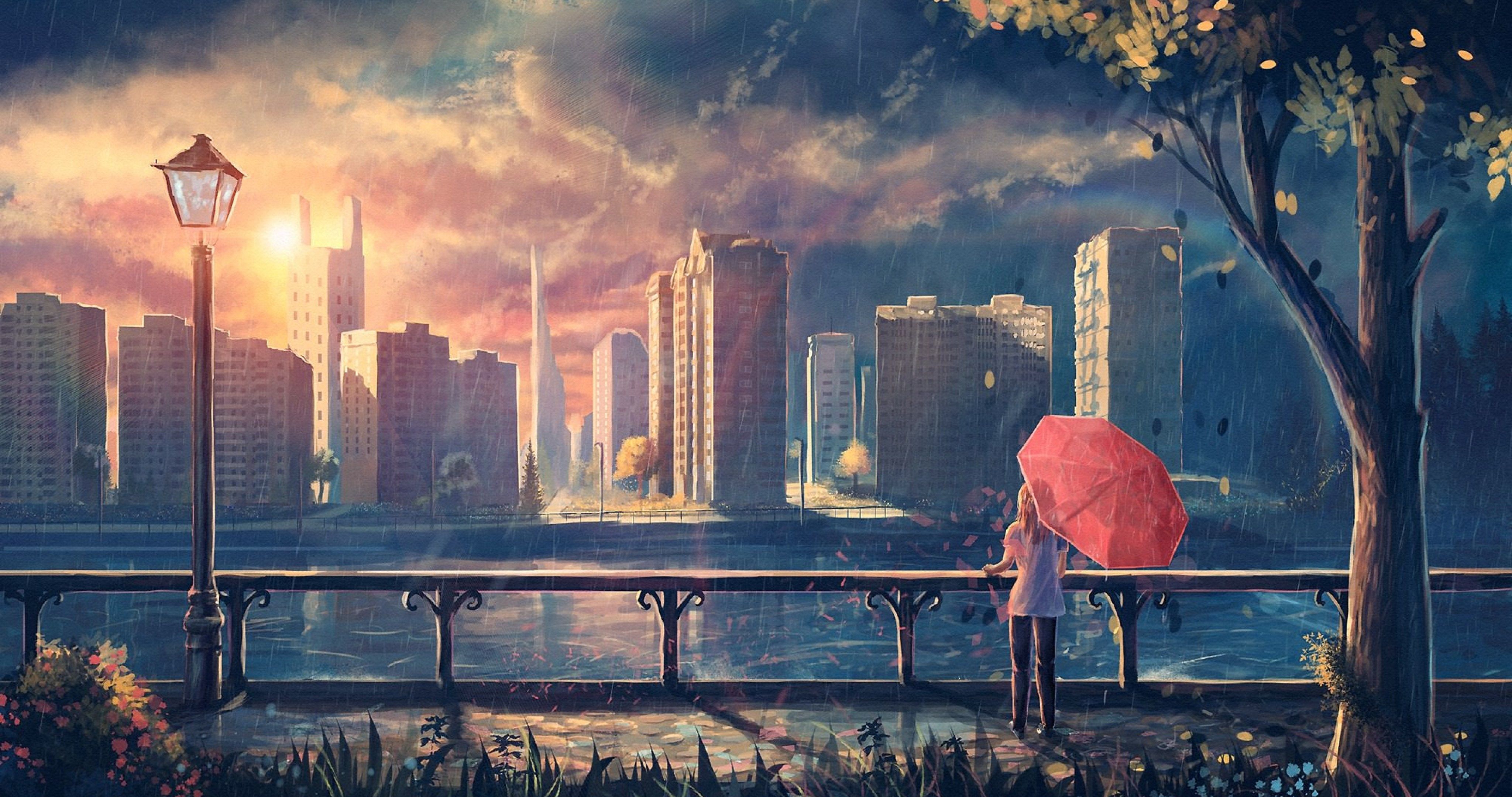 Ragazza con ombrello rosso, città, 4096x2160 4K, Desktop 4K