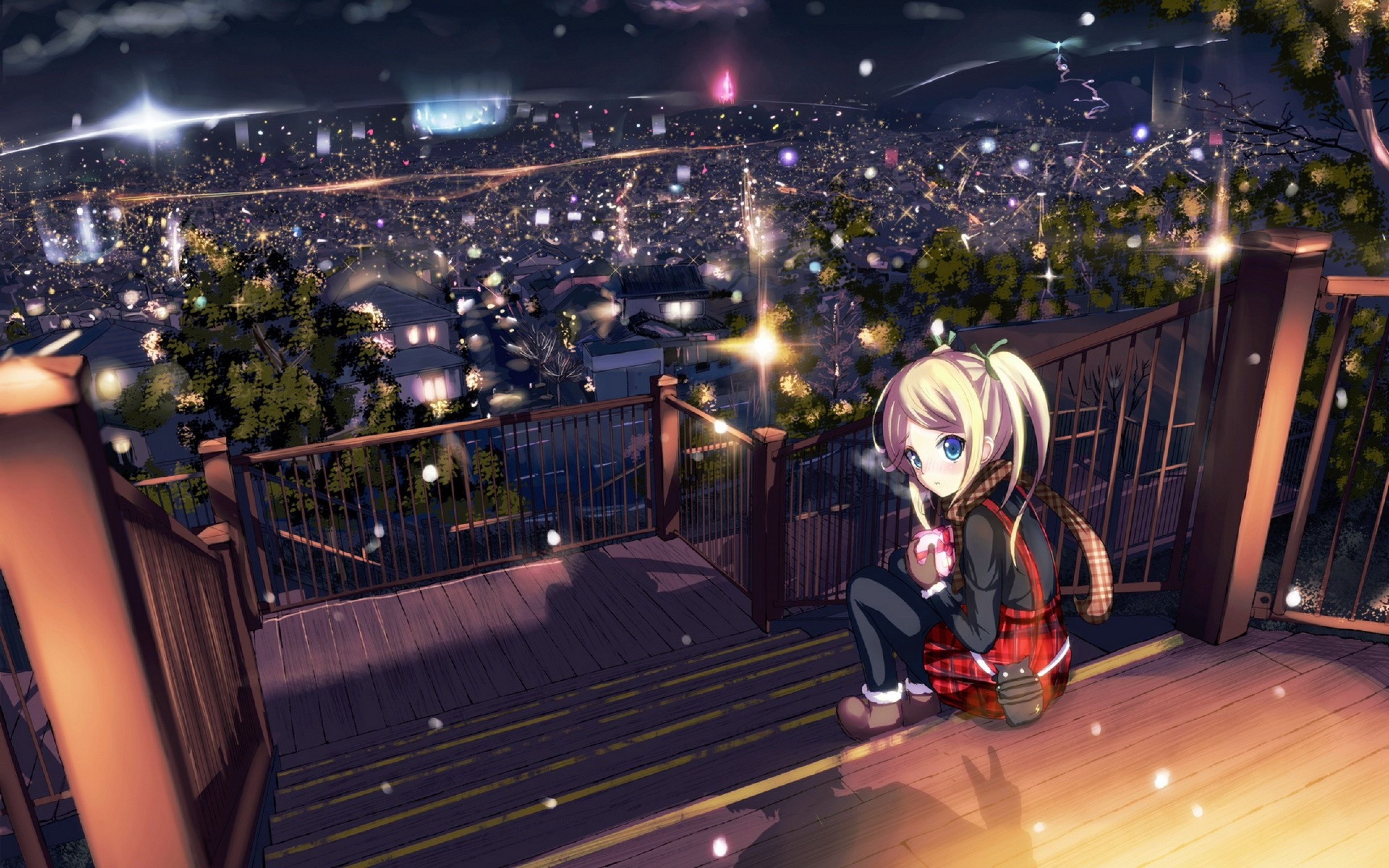 Ragazza anime seduta balcone notturno, 3840x2400 Ultra HD, 4K TV