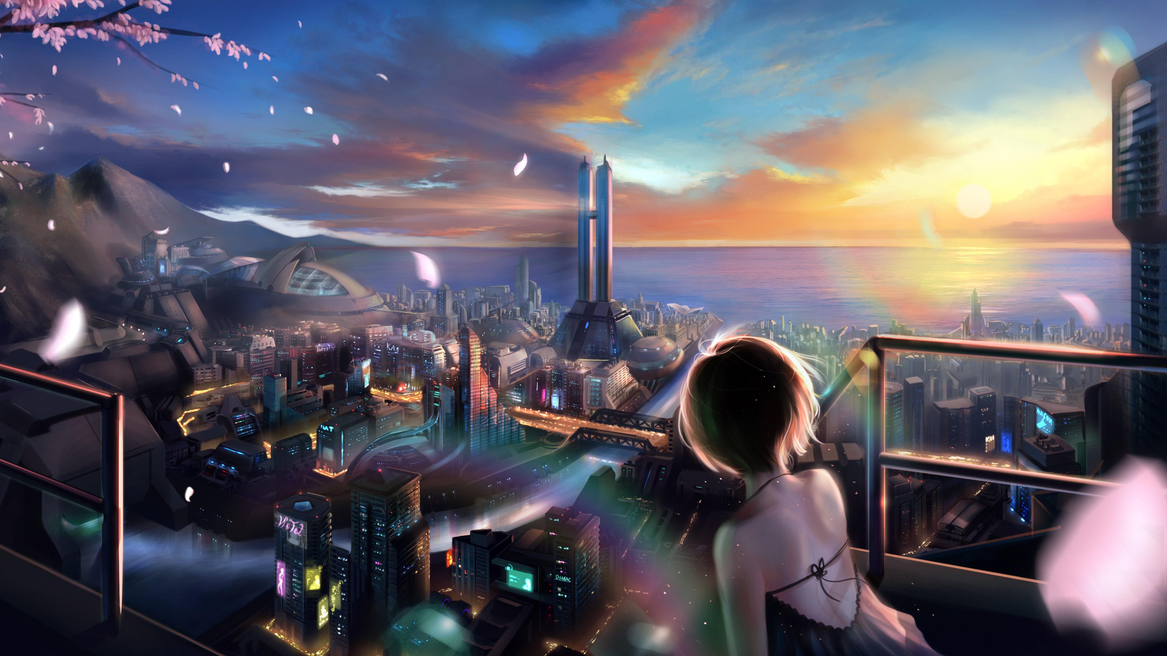 Ragazza anime osserva città al tramonto, 3840x2160 4K, Desktop 4K