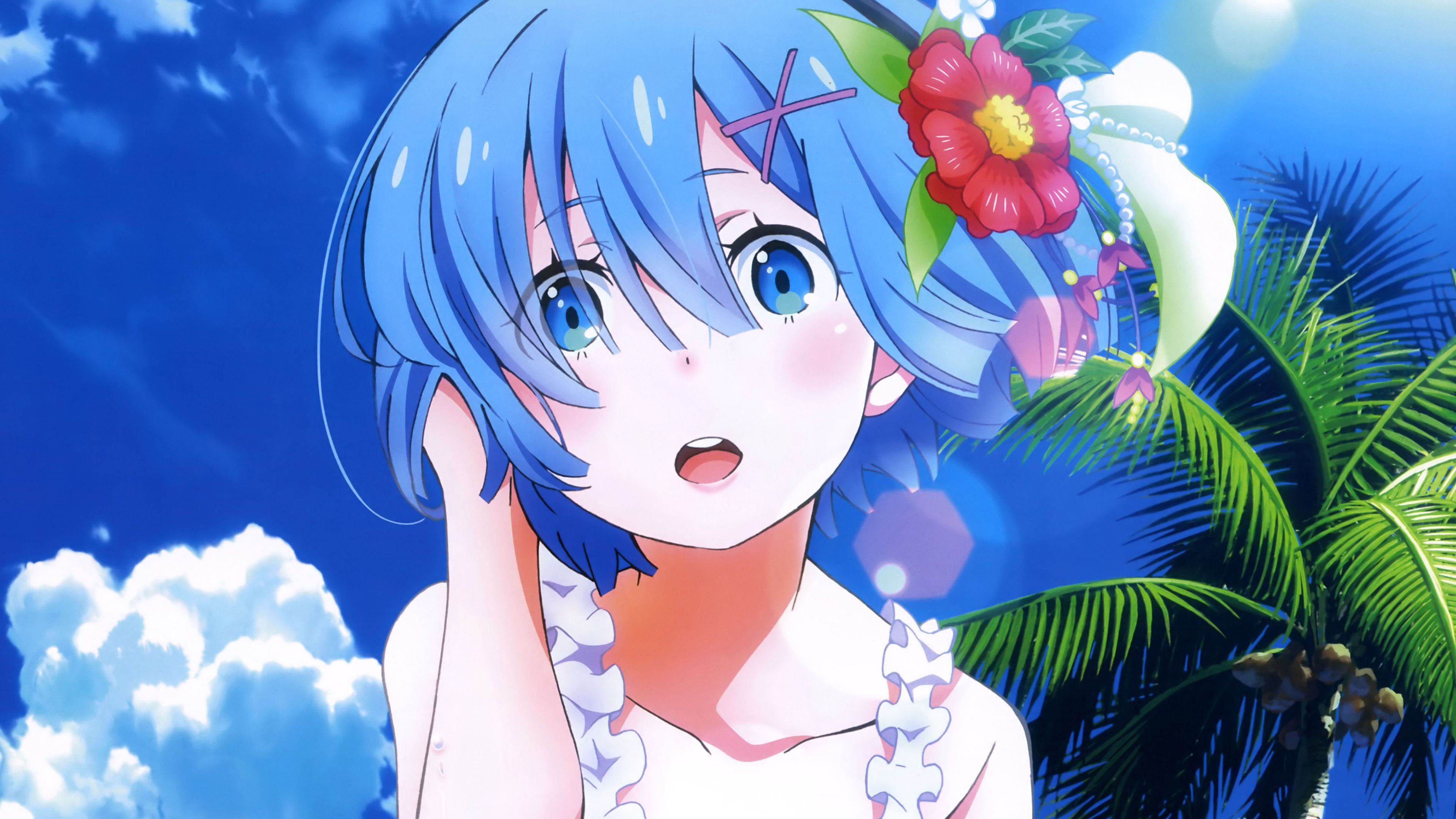 Rem Re:Zero capelli blu spiaggia, 3840x2160 4K, Monitor 4K