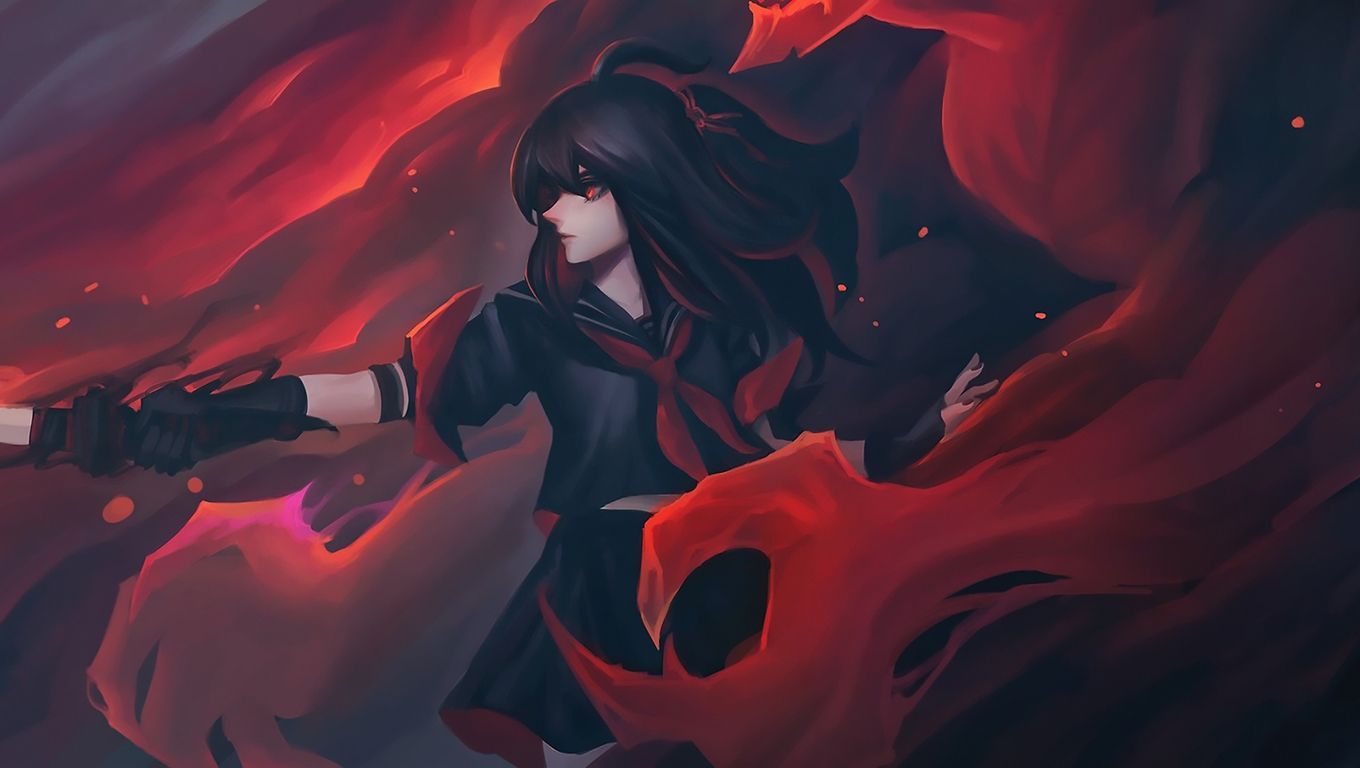 Ragazza anime capelli neri rosso, 1360x768 720p, Laptop