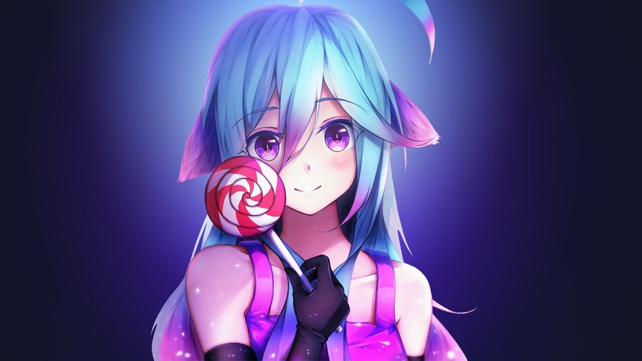 Ragazza anime capelli azzurri lecca-lecca, 1280x720 720p, PC