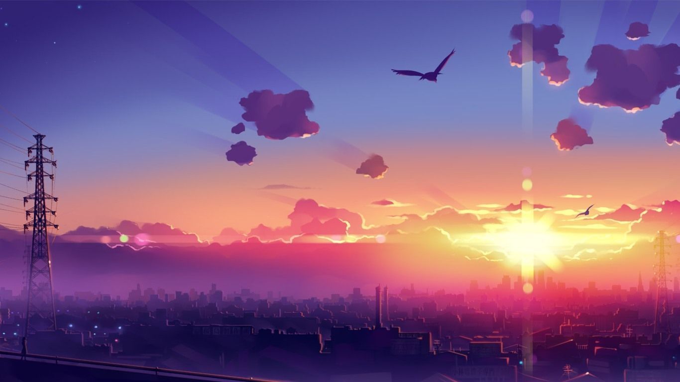 Tramonto anime su città, 1366x768 HD, Desktop
