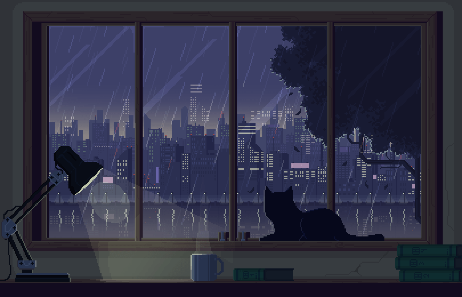 Gatto pixel art finestra pioggia, 1620x1040 HD, Desktop