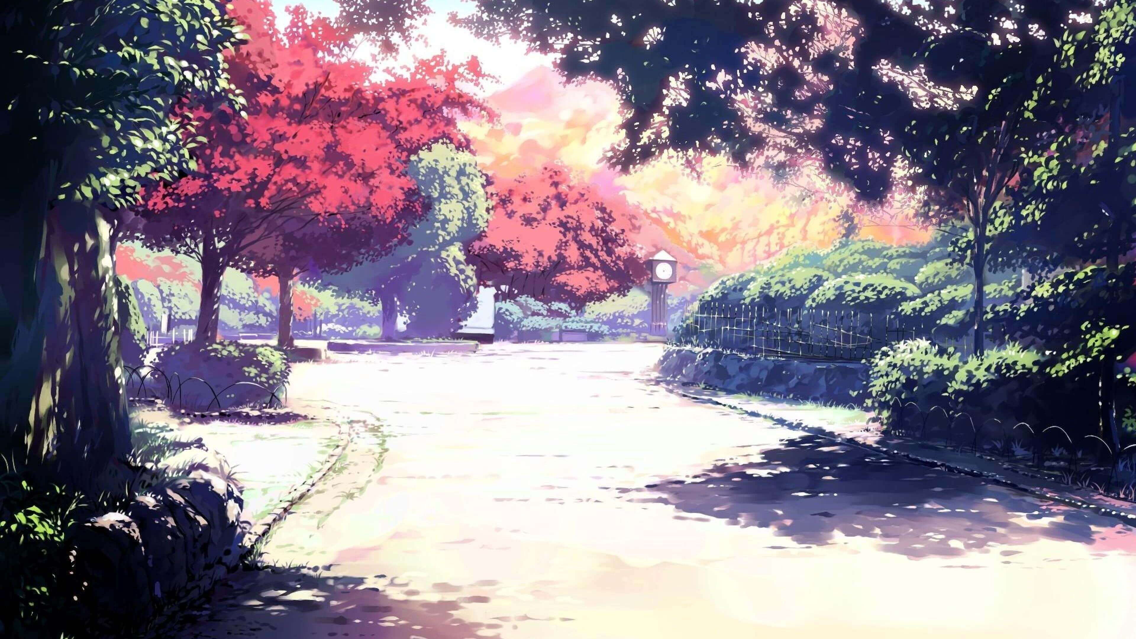 Strada anime con alberi rossi, 3840x2160 Ultra HD, PC