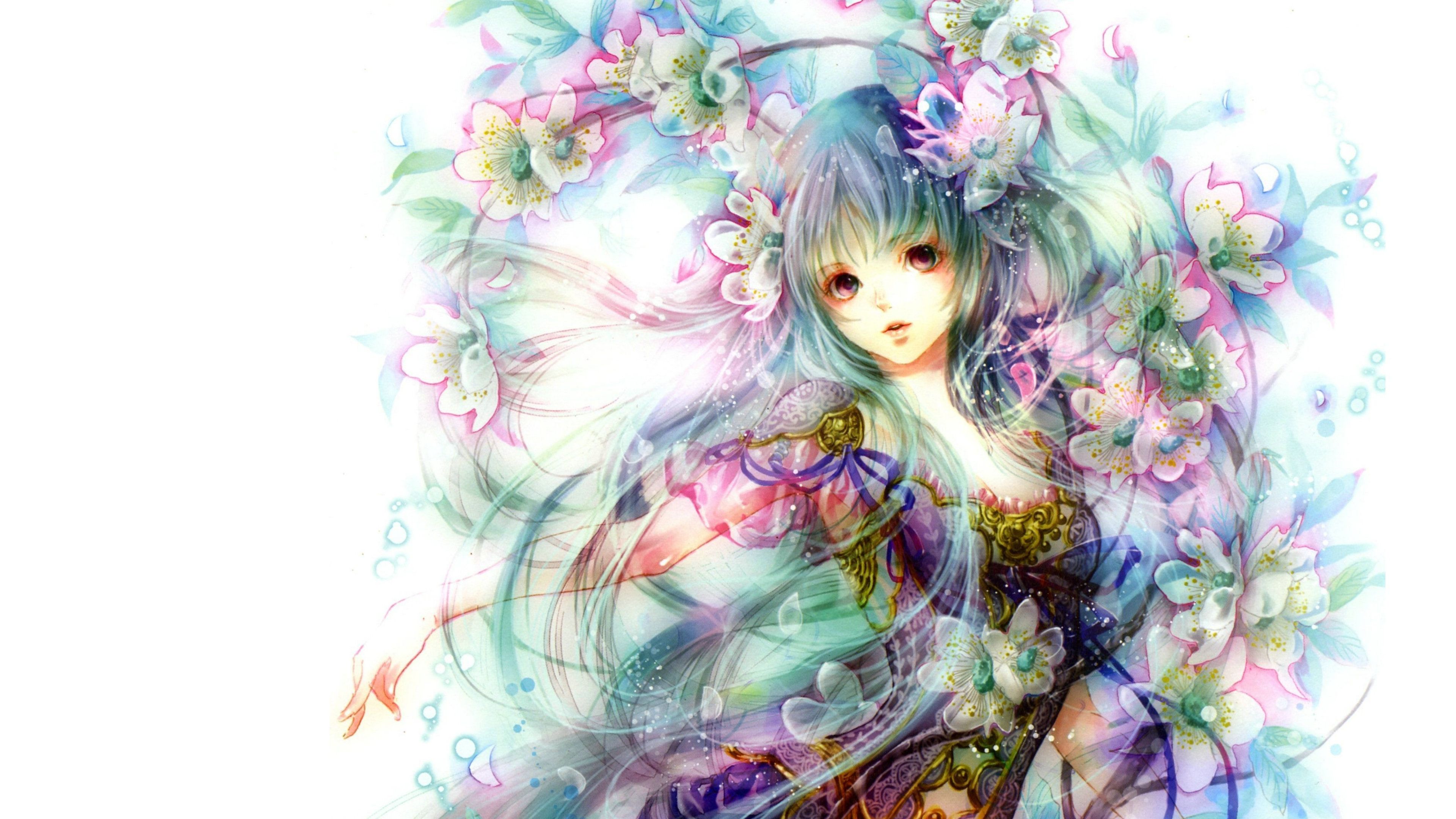 Ragazza anime con fiori, 3840x2160 Ultra HD, PC