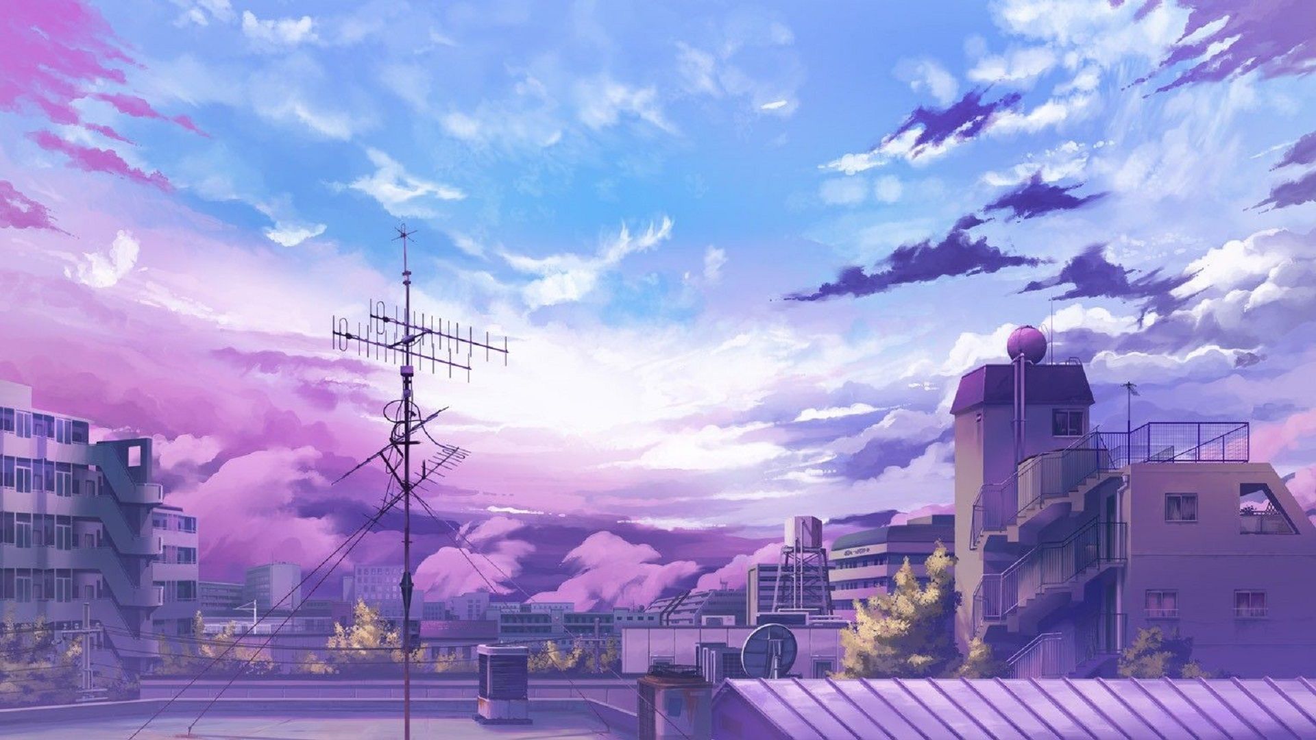 Cielo anime rosa viola città, 1920x1080 Full HD 1080p, PC