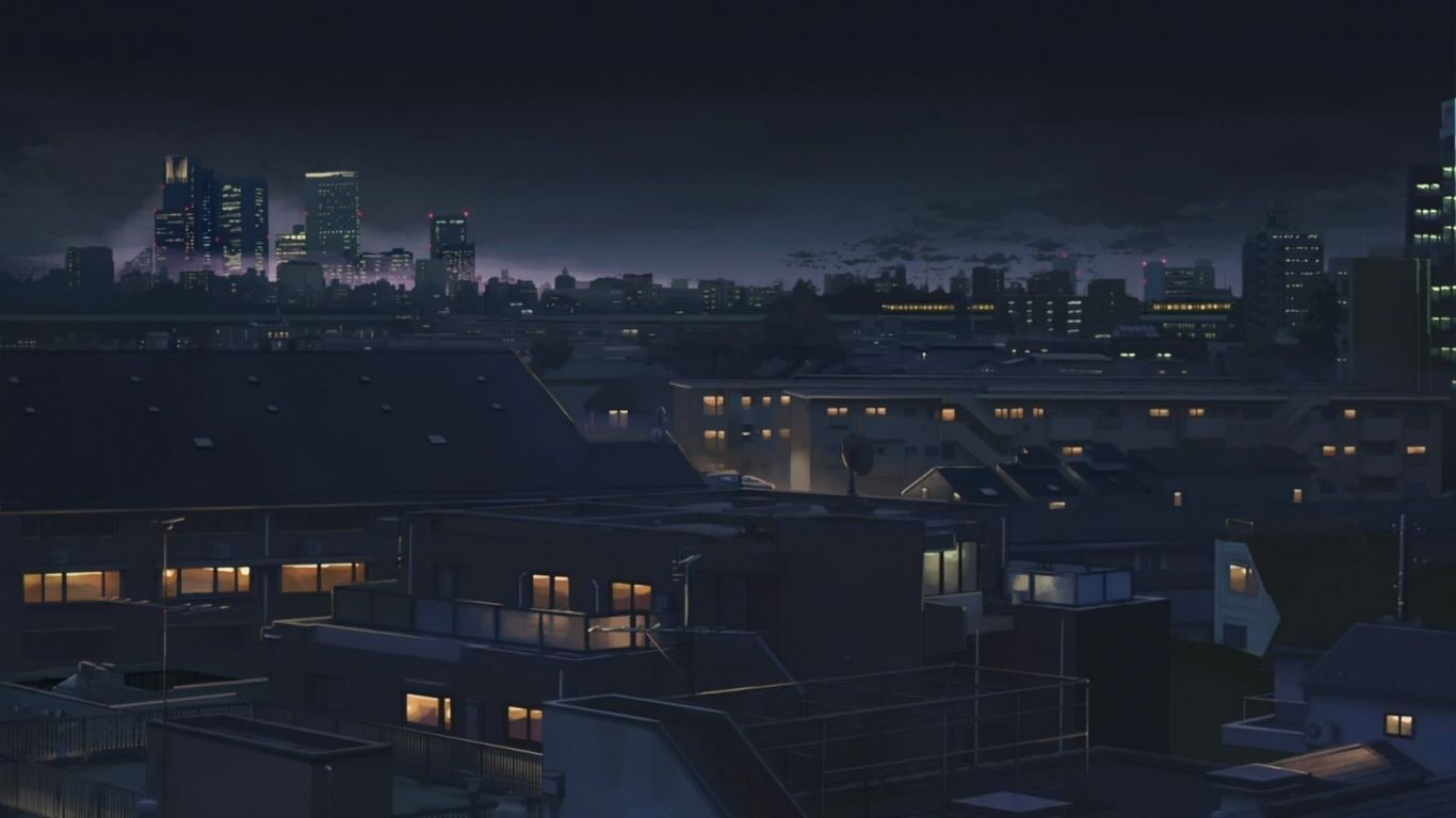 Città notturna anime, tetti illuminati, 1366x768 HD, Desktop