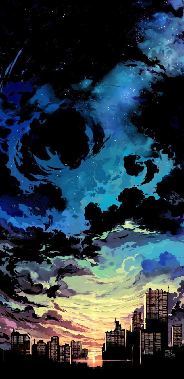 Cielo anime tramonto città, 640x1316 Verticale, Telefono