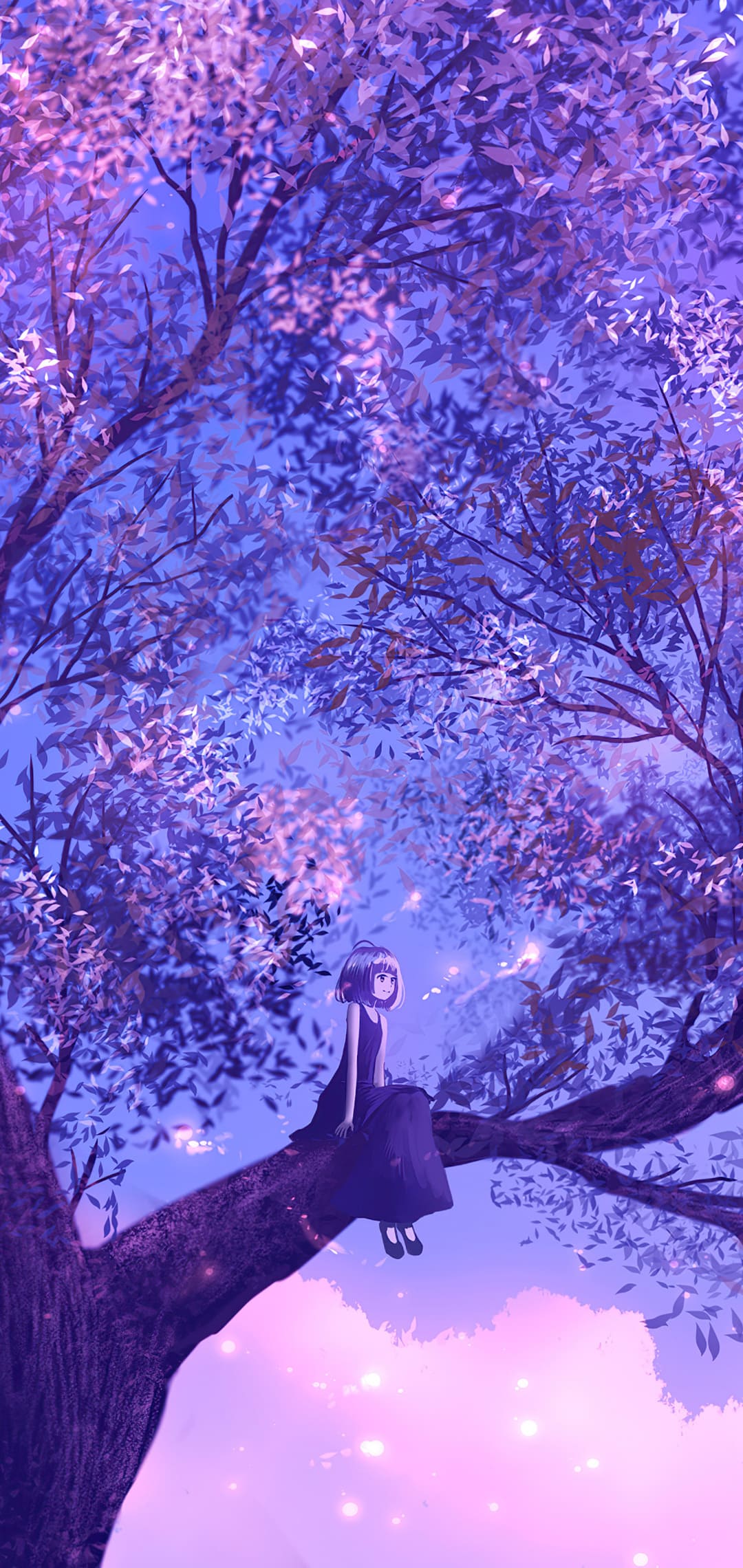 Ragazza anime su albero fiorito, 1080x2280 Full HD Verticale, iPhone