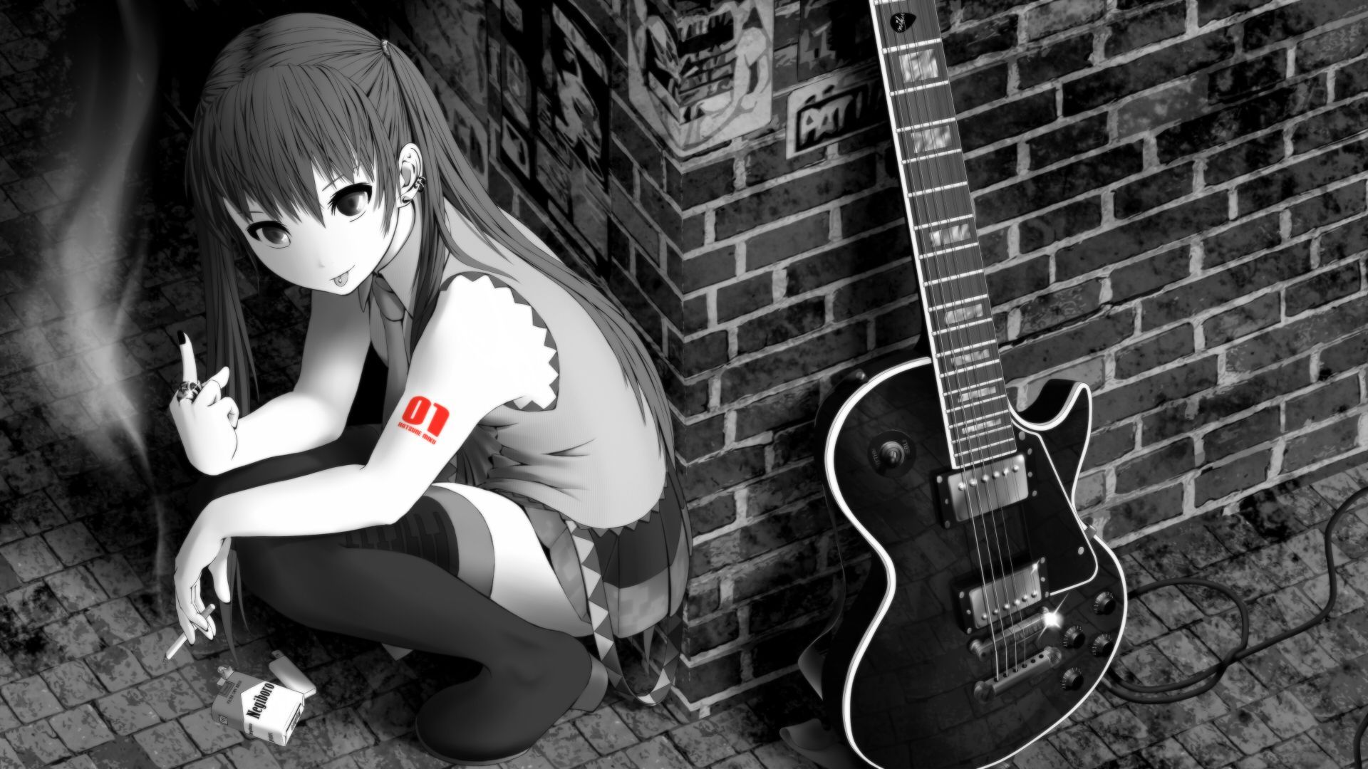 Ragazza anime chitarra bianco nero, 1920x1080 Full HD 1080p, PC