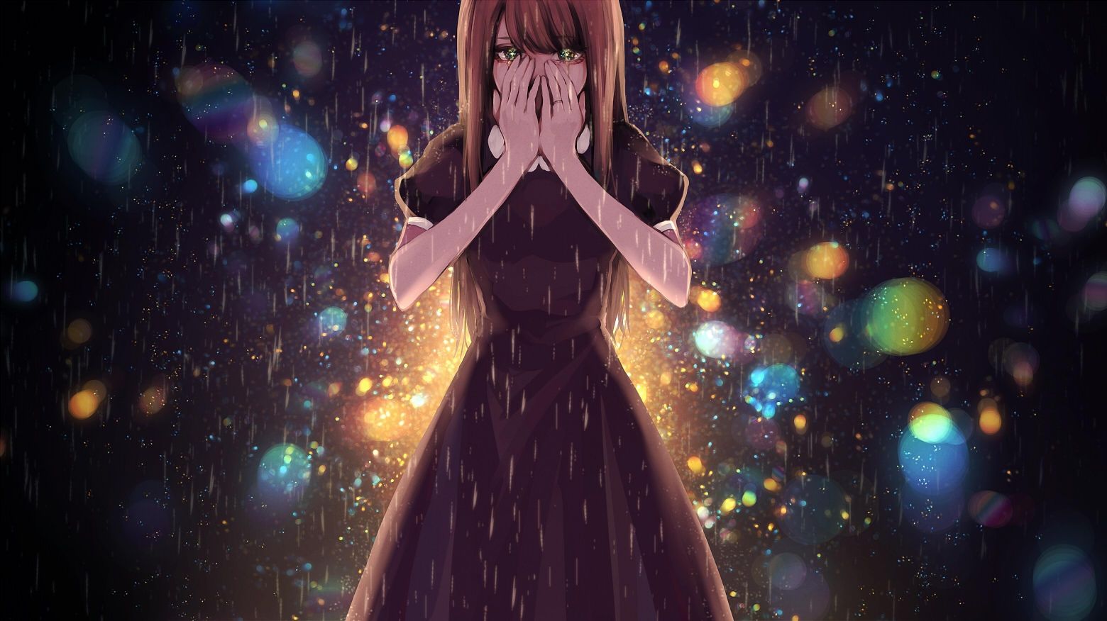 Ragazza anime piange sotto pioggia, 1560x876 720p, PC
