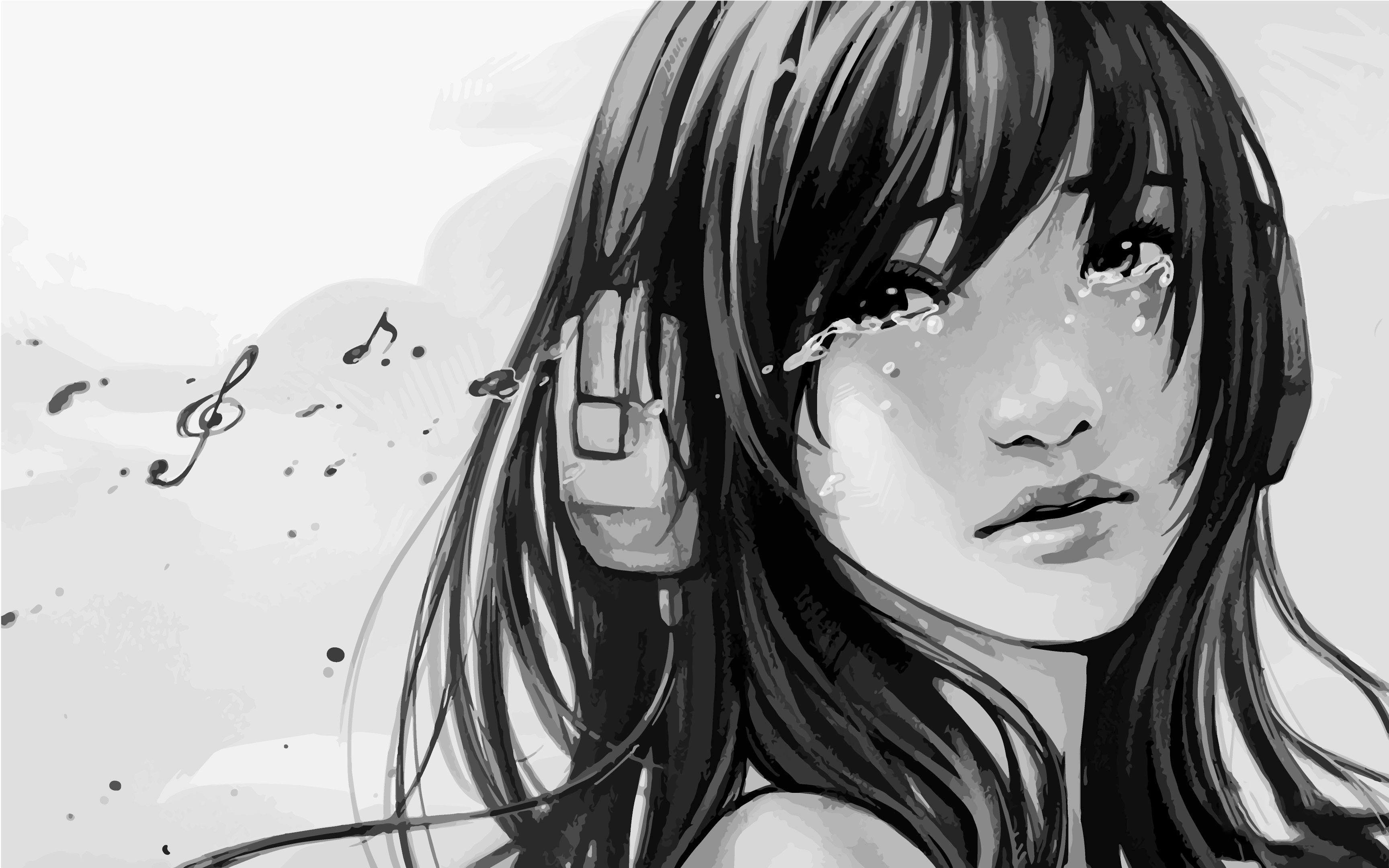 ragazza anime che piange, cuffie, 3456x2160 2K, Desktop