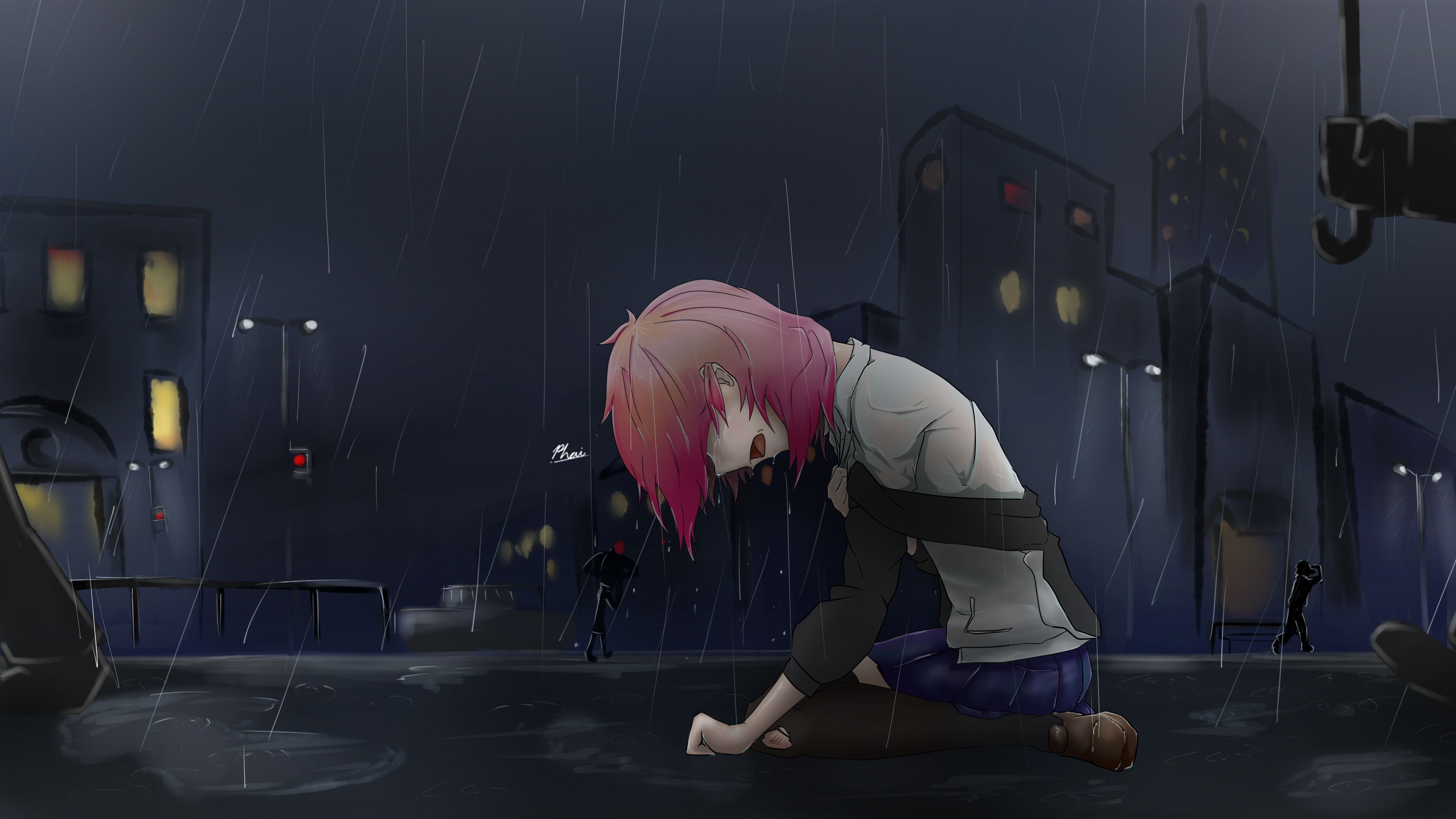 Ragazza anime piange sotto pioggia, 3840x2160 4K Ultra HD, Monitor 4K
