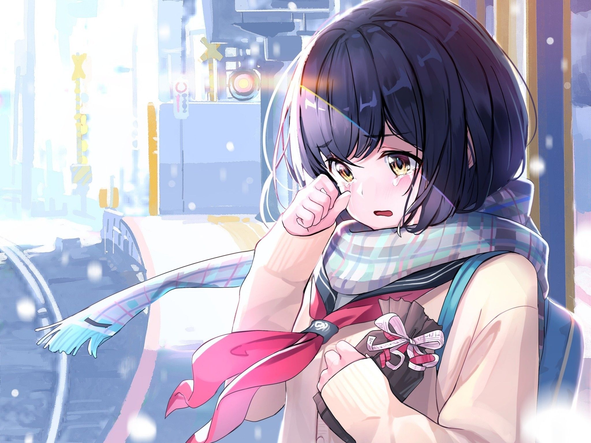 ragazza anime che piange, sciarpa, 2048x1536 alta risoluzione, PC
