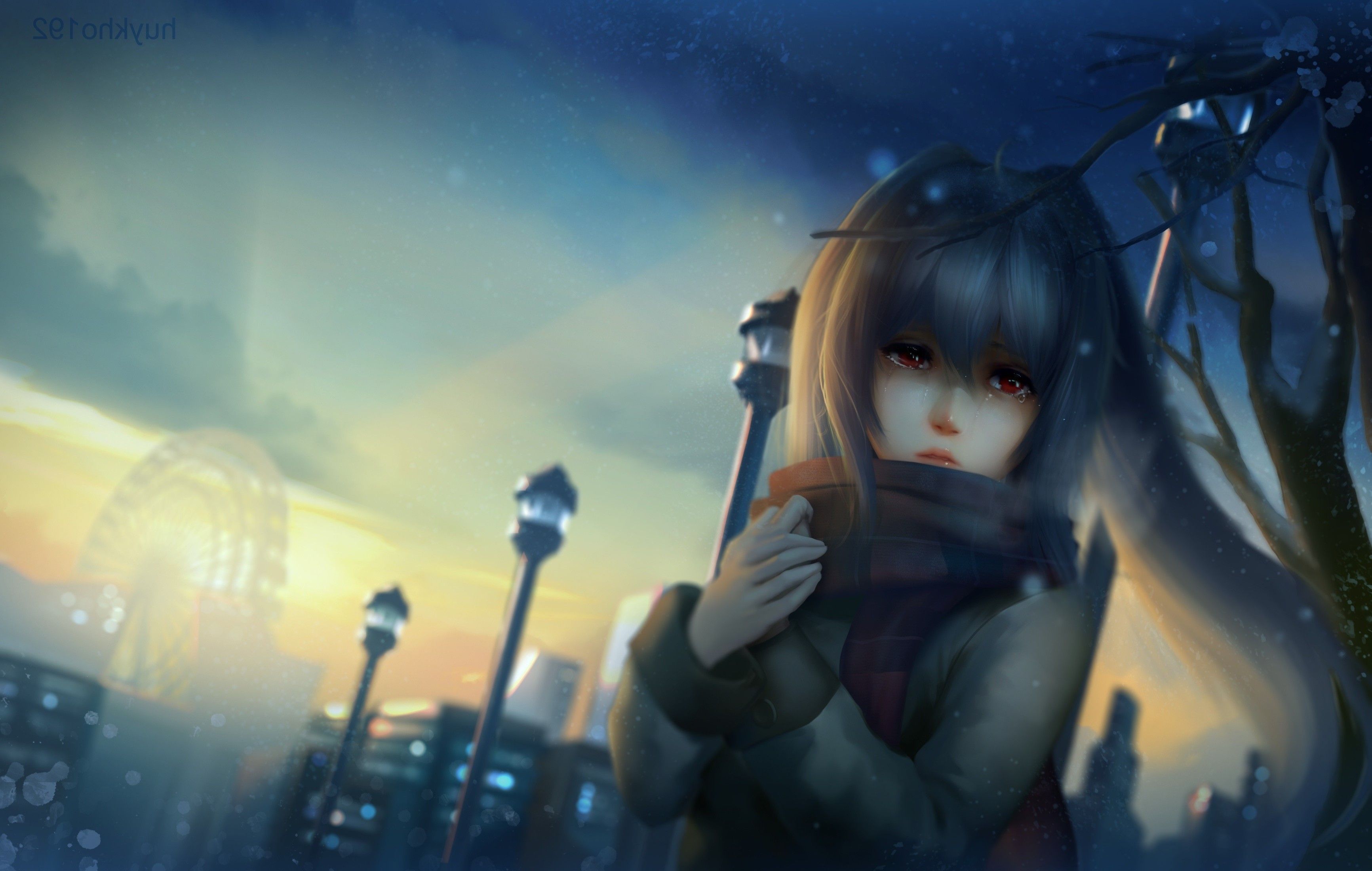 Ragazza anime con sciarpa piange, 3465x2200 2K+, Desktop