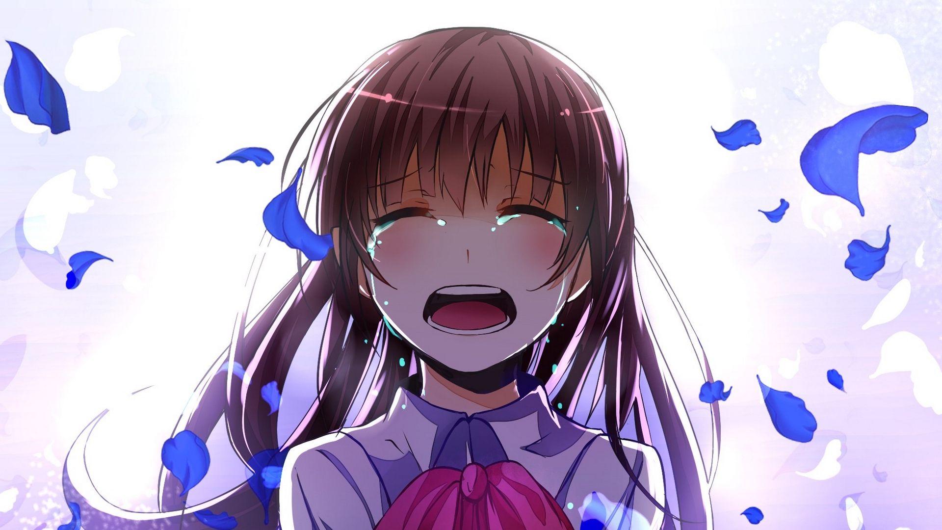 Ragazza anime piange, petali blu, 1920x1080 Full HD, Laptop