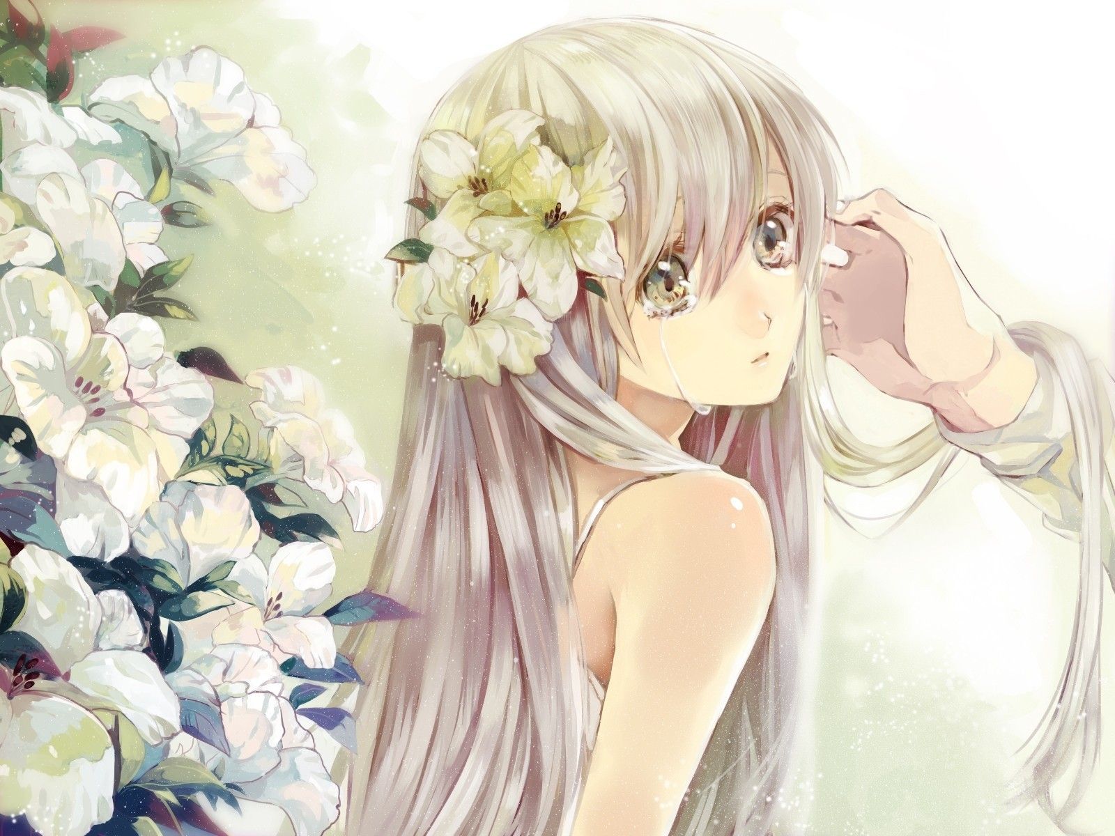 ragazza anime bionda con fiori, 1600x1200 HD, Desktop