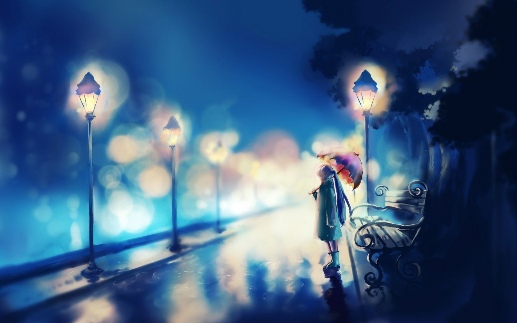 Ragazza con ombrello sotto lampioni, 1680x1050 HD, Desktop