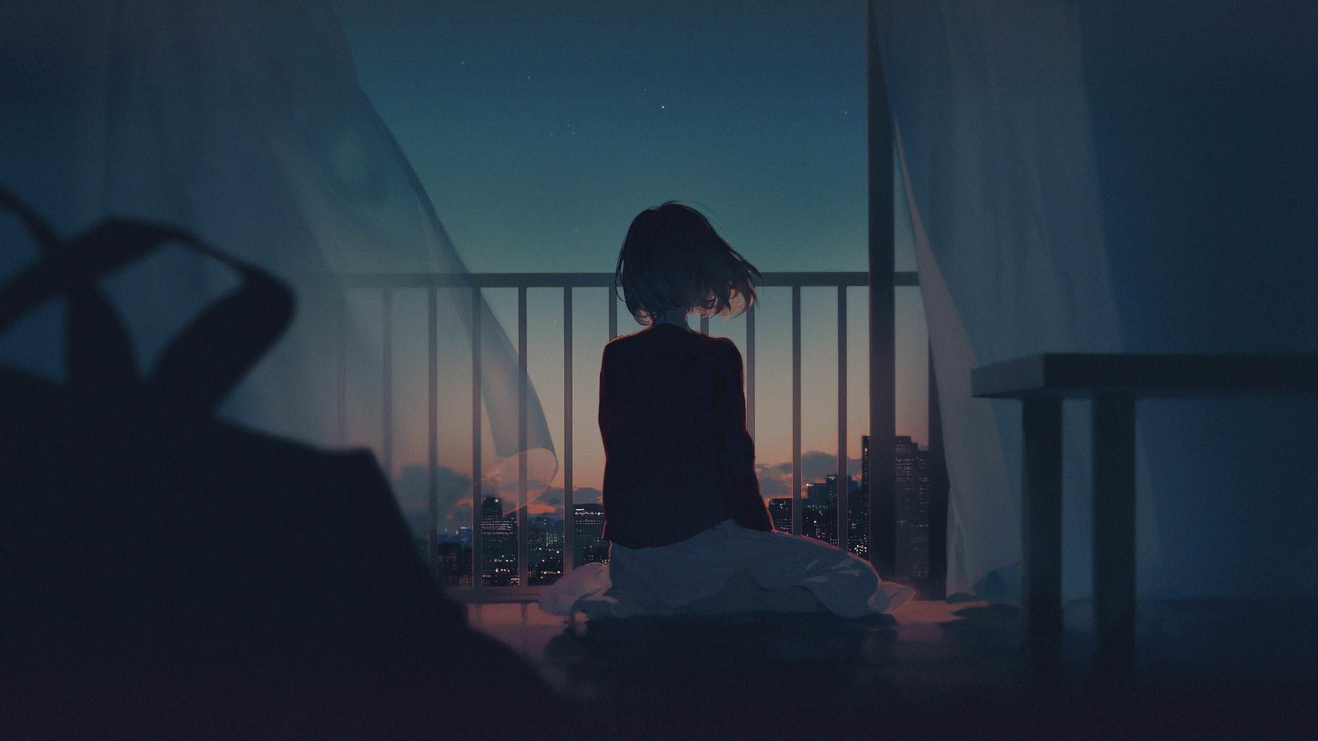 Ragazza sola su balcone notturno, 2560x1440 1440p, Desktop
