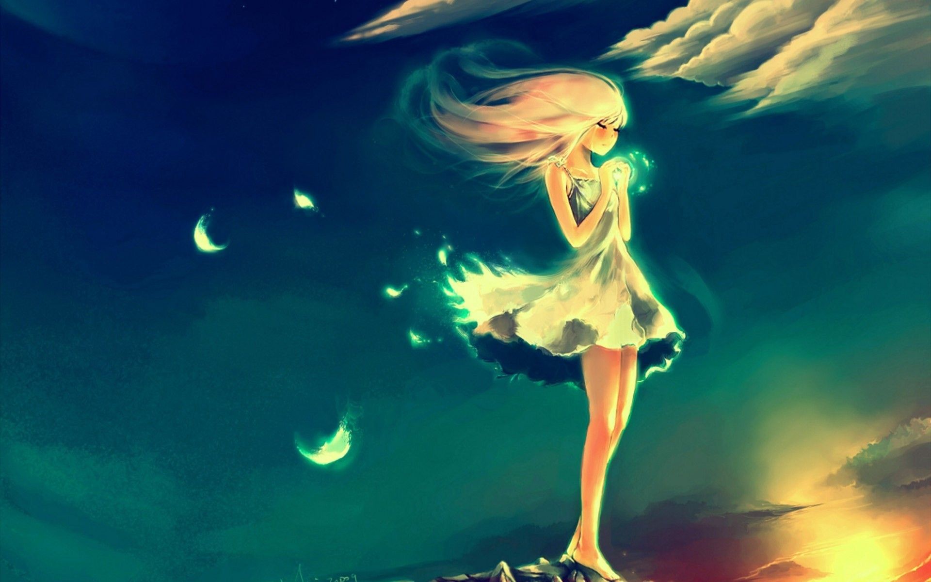 Ragazza anime con lune, tramonto, 1920x1200 WUXGA, PC