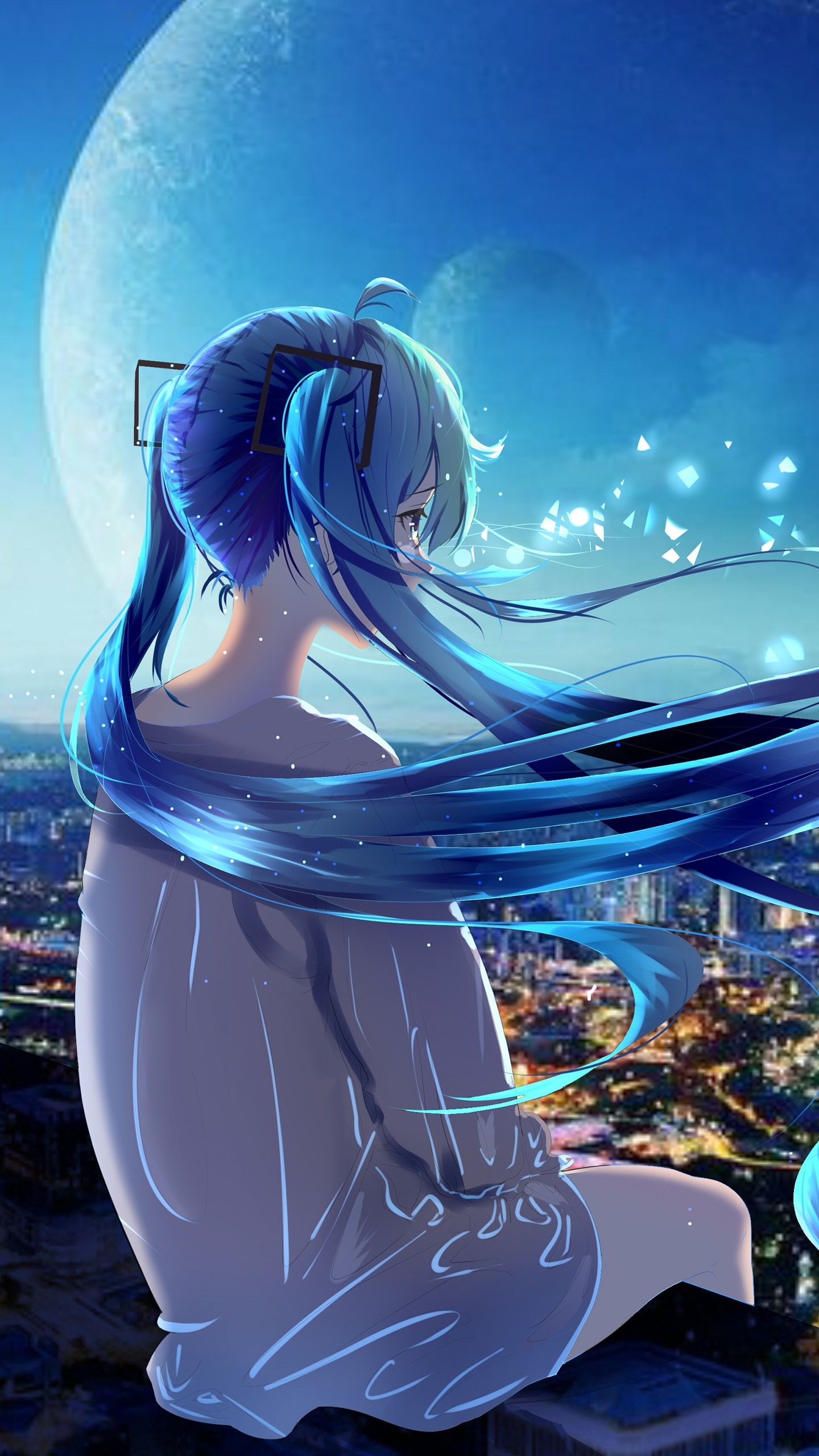 Ragazza anime capelli blu, luna, 1440x2560 Full HD Verticale, iPhone
