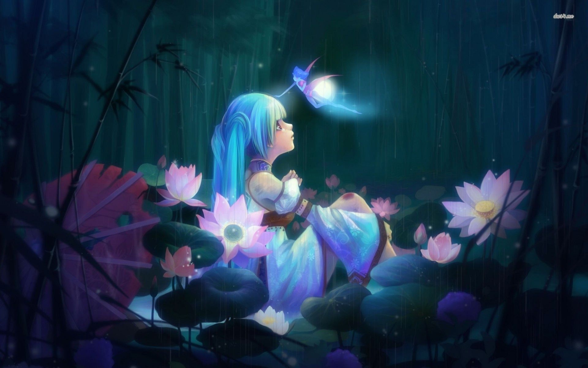Ragazza anime capelli blu, loto, 1920x1200 Full HD+, Desktop