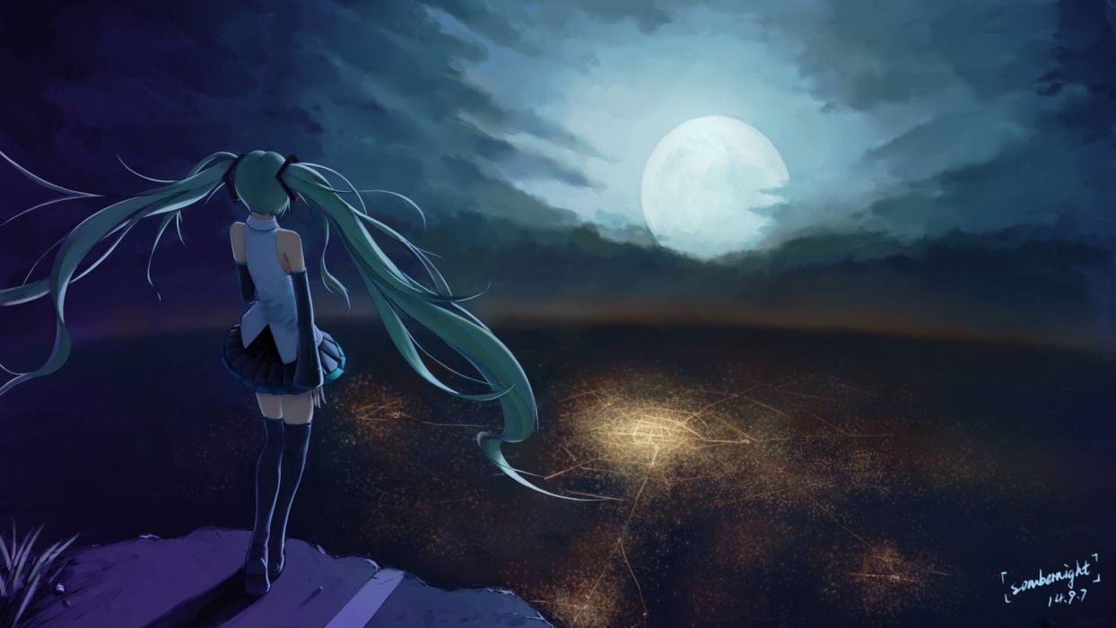 Ragazza anime capelli lunghi luna, 1244x700 HD, PC