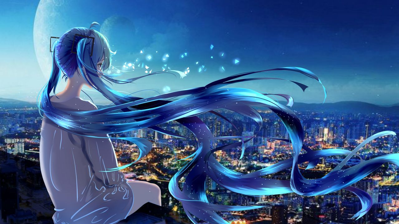 Ragazza anime capelli blu, città, 1280x720 HD, Desktop