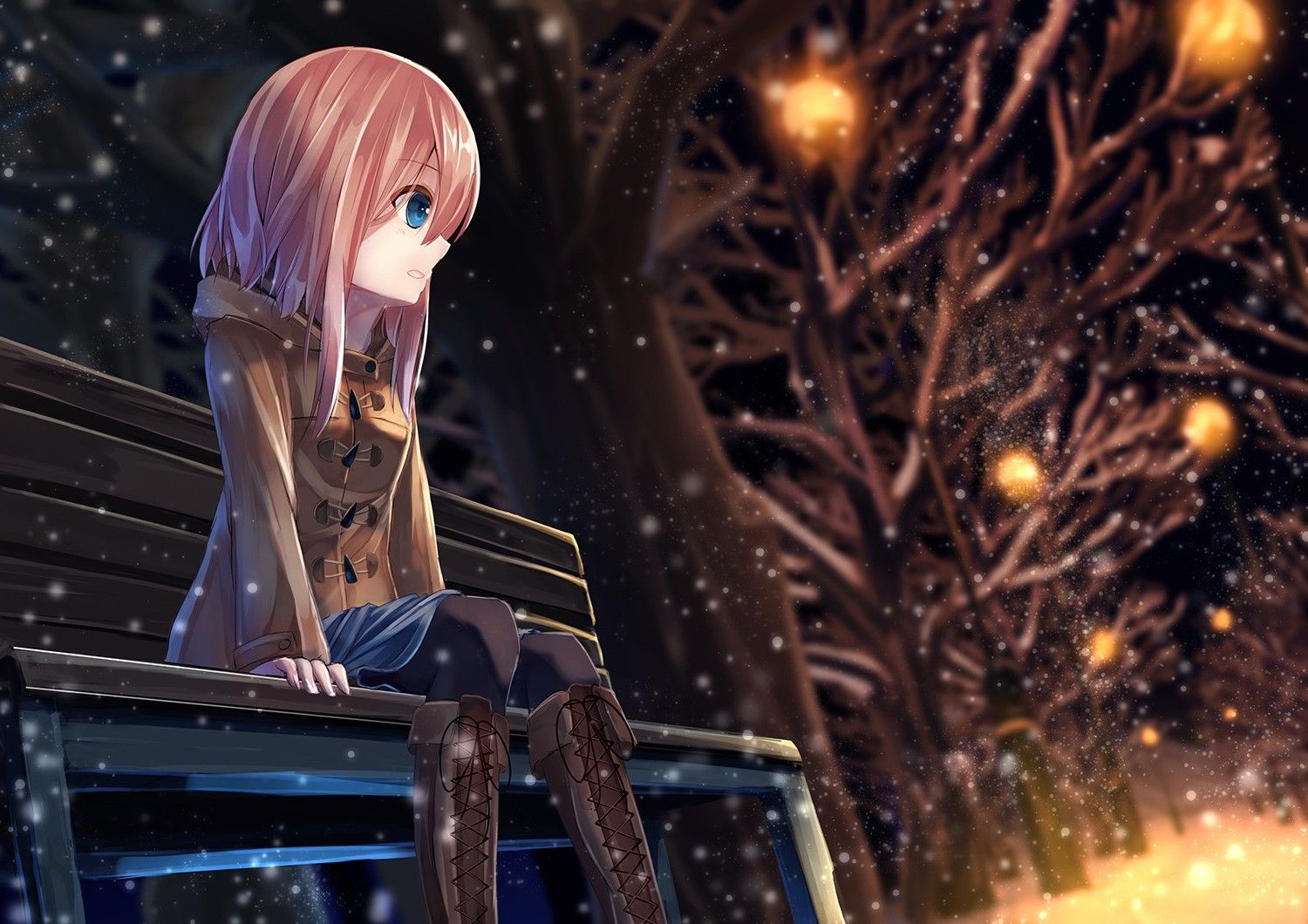 Ragazza anime sola su panchina, 1500x1060 HD, Desktop