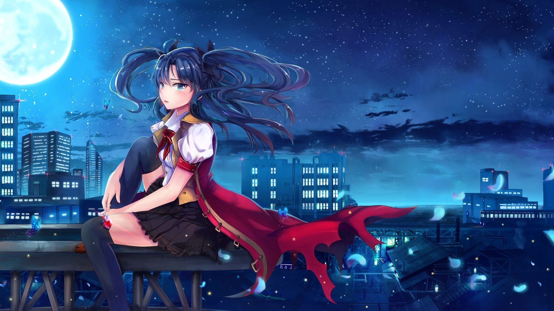 Ragazza anime sola tetto notte, 1920x1080 Full HD, PC Desktop