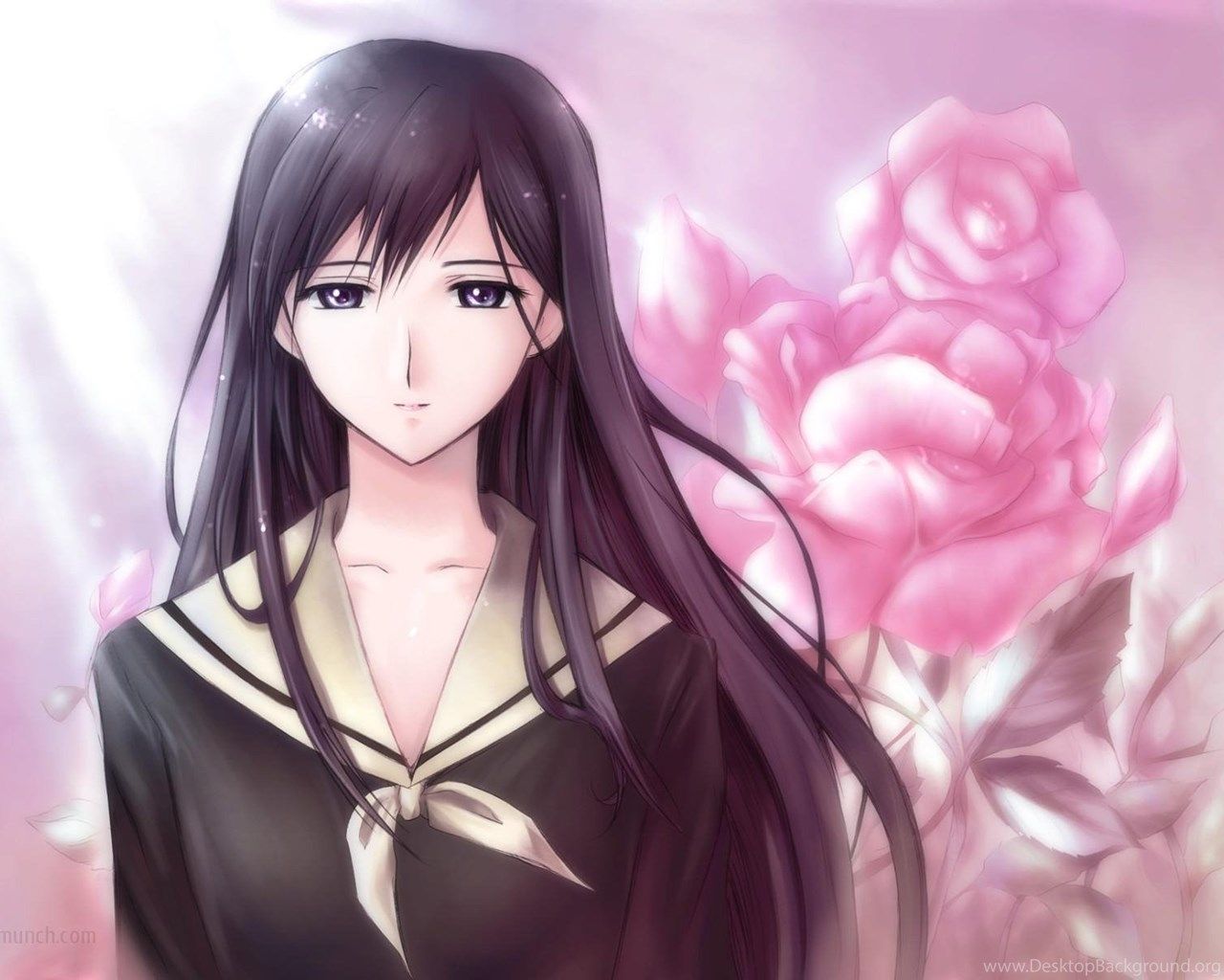 Ragazza anime capelli neri, rose, 1280x1024 HD, Desktop