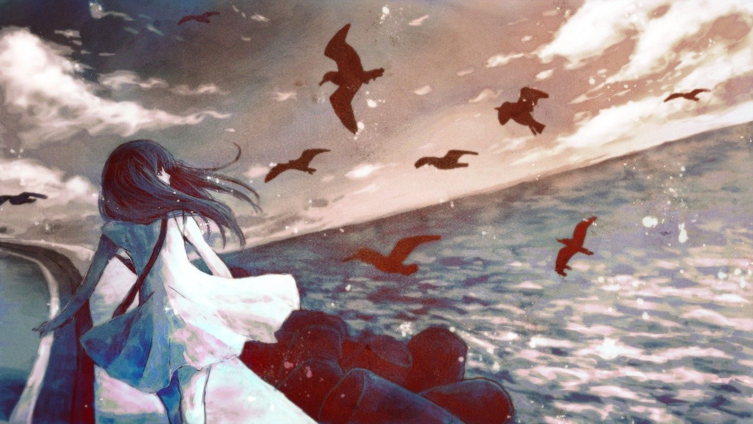 ragazza anime sola mare gabbiani, 1500x844 720p, iMac