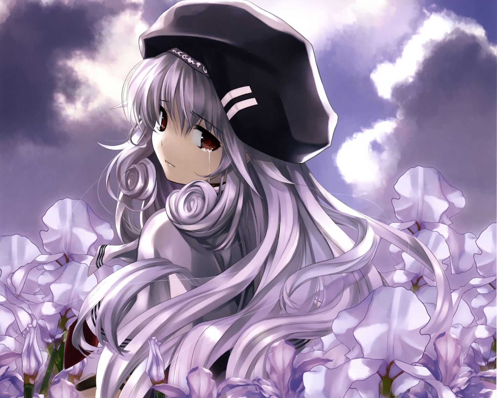 Ragazza anime capelli argento fiori, 1920x1536 WUXGA, PC