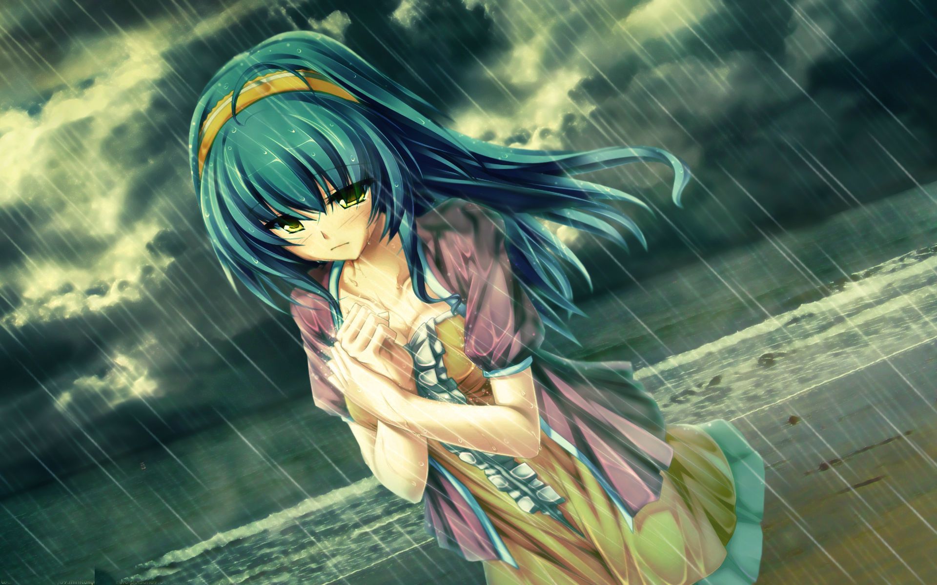 ragazza anime capelli blu pioggia, 1920x1200 Full HD+, Desktop