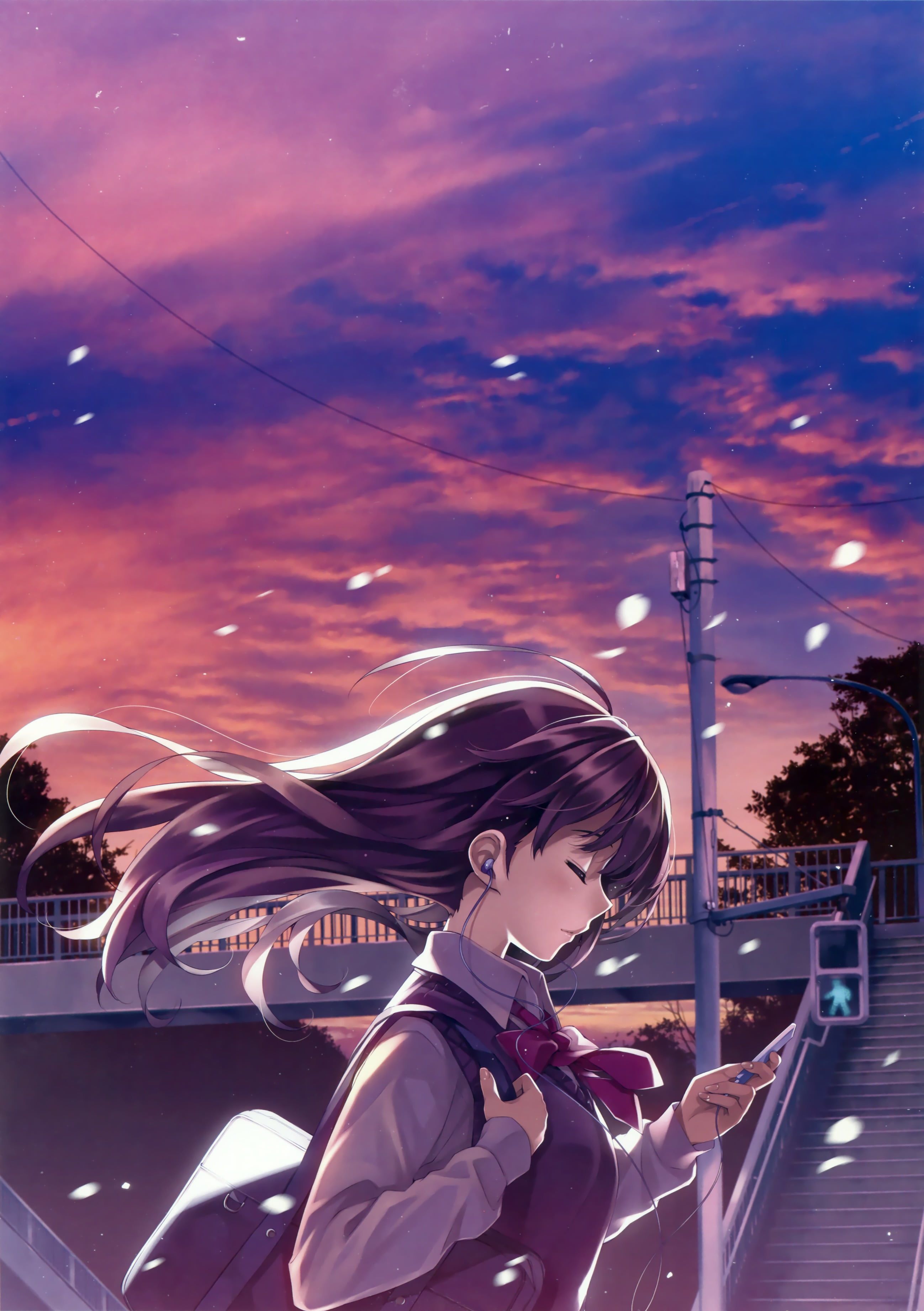 Ragazza anime su ponte tramonto, 2597x3683 Verticale, Mobile