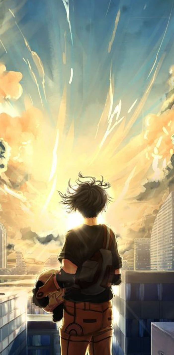 Personaggio anime esplosioni città, 700x1426 Verticale, Telefono
